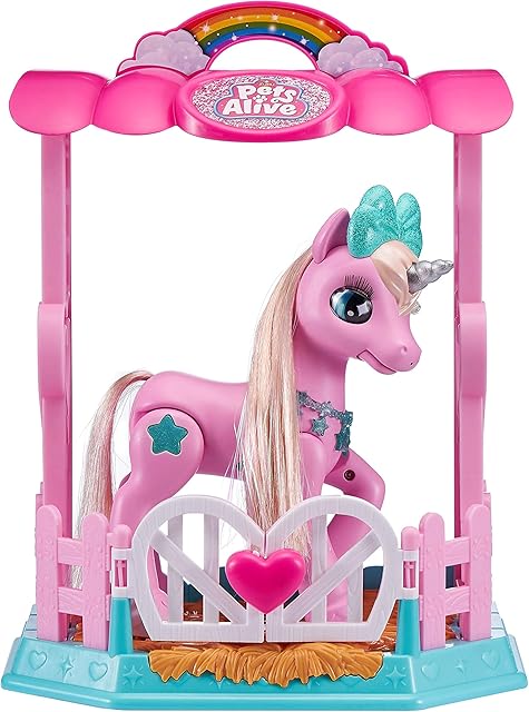 Pets Alive Magical Unicorn in Stable Battery-Powered Interactive Robotic Toy Playset (Pink Unicorn)