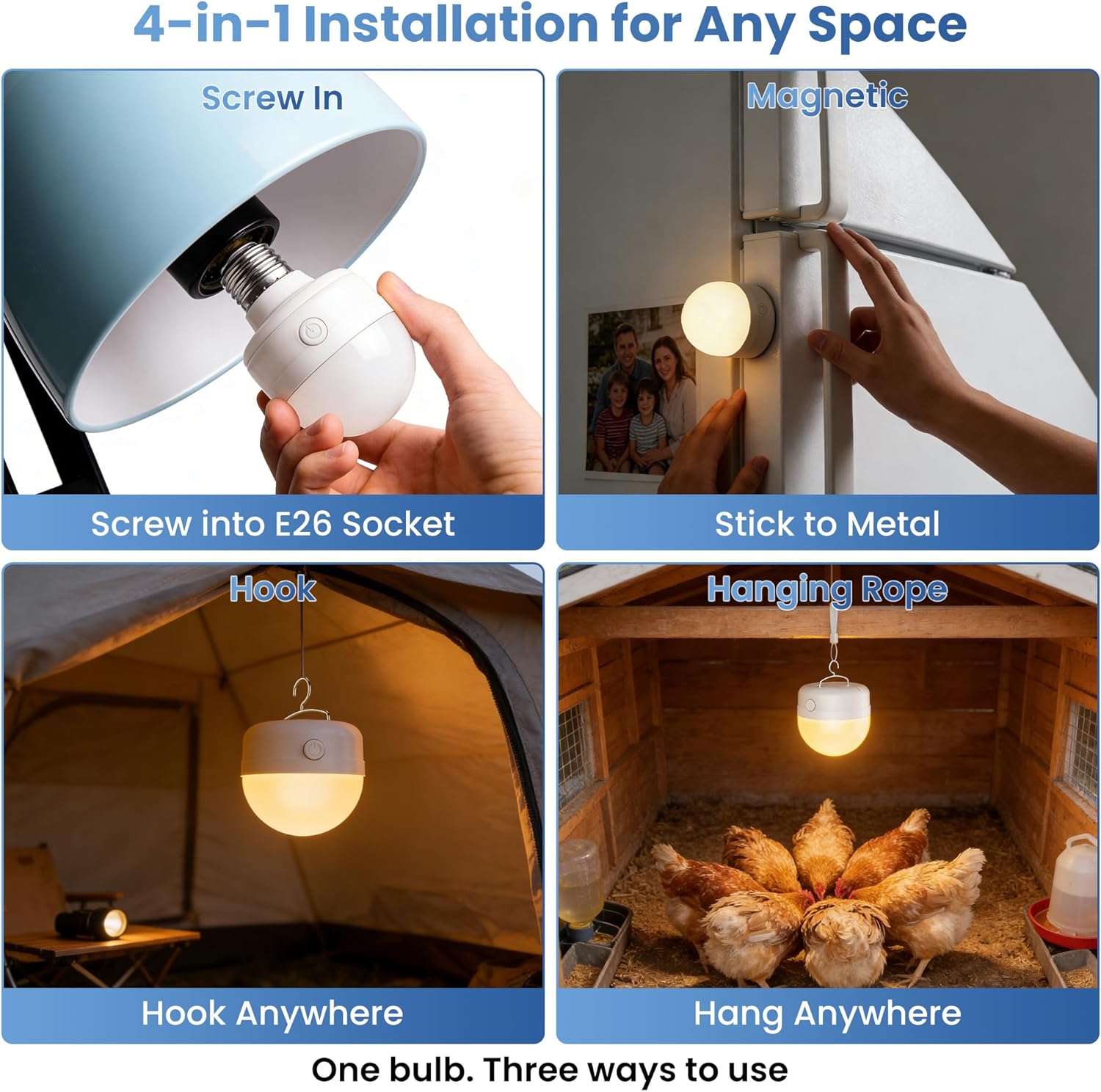 E26 Rechargeable Light Bulbs with Remote, 10W 900lm 3-in-1 Battery Operated Emergency Lighting, 3500mAh 60W Equivalent Bulbs with Magnetic Base & Hook for Home Camping Hurricane&Power Outage, 2 Pack