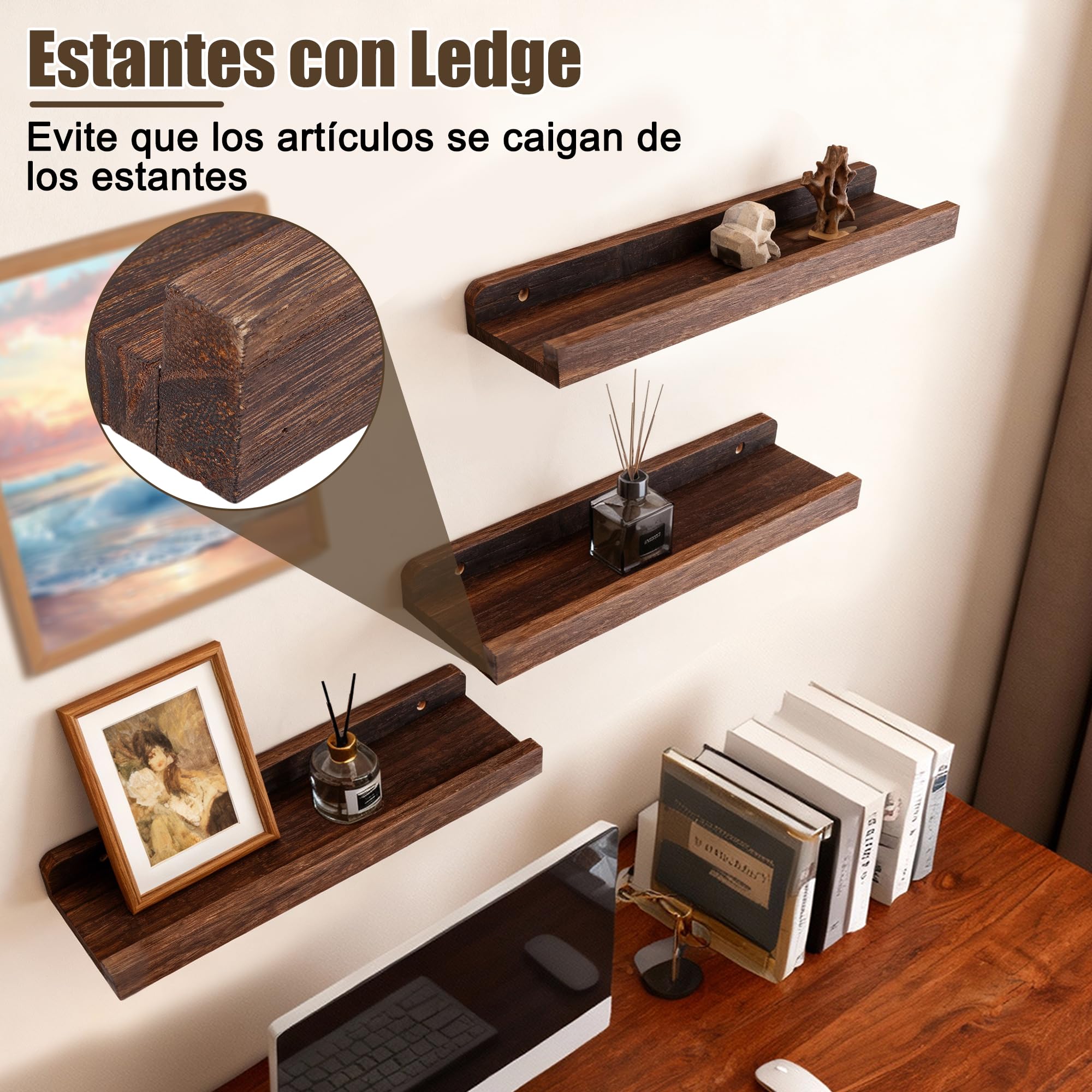 Estantes Flotantes, Estanterías de Exhibición de Pared Rústica para Sala de Estar, Organizador de Madera de 3 Niveles con Madera de Paulownia, 42x11x4cm (Brown)