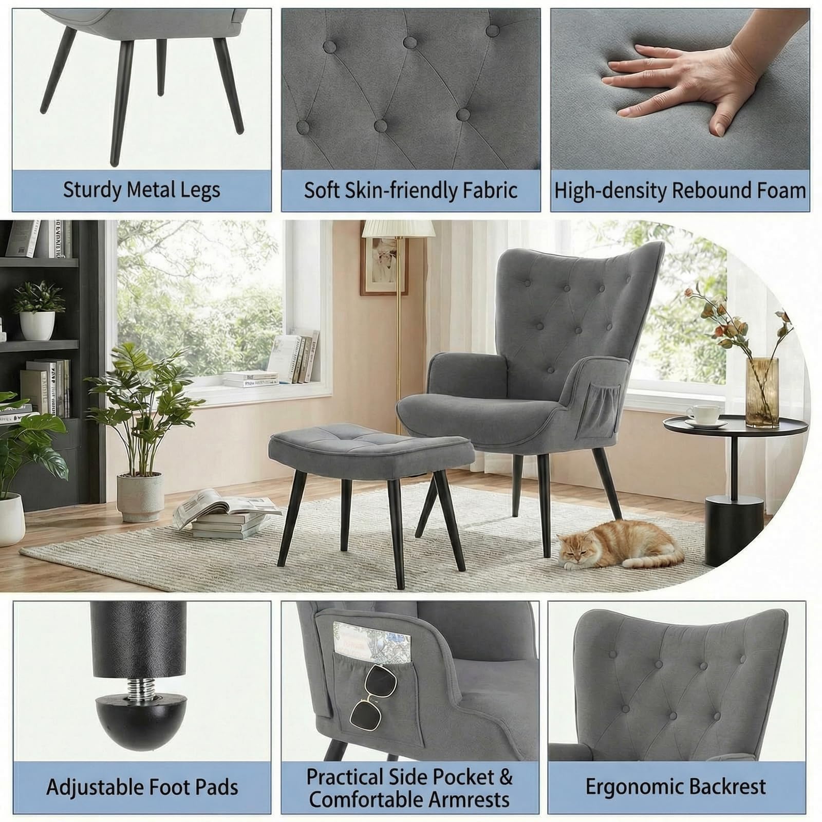 Clevich Sillón Orejero con Reposapiés, Gris Poltrona Sala Chenille Suave – Butaca de Salón para Lectura, Sillon Dormitorio, hasta 168 kg