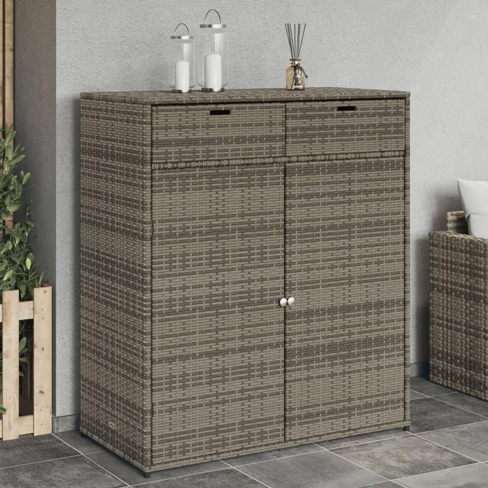 Armario de almacenaje de jardín ratán PE Gris 105x55x113 cm, Armario Exterior Escobero, Mueble Exterior Almacenaje, Armario Exterior Jardin, Muebles Jardin Exterior - 365565
