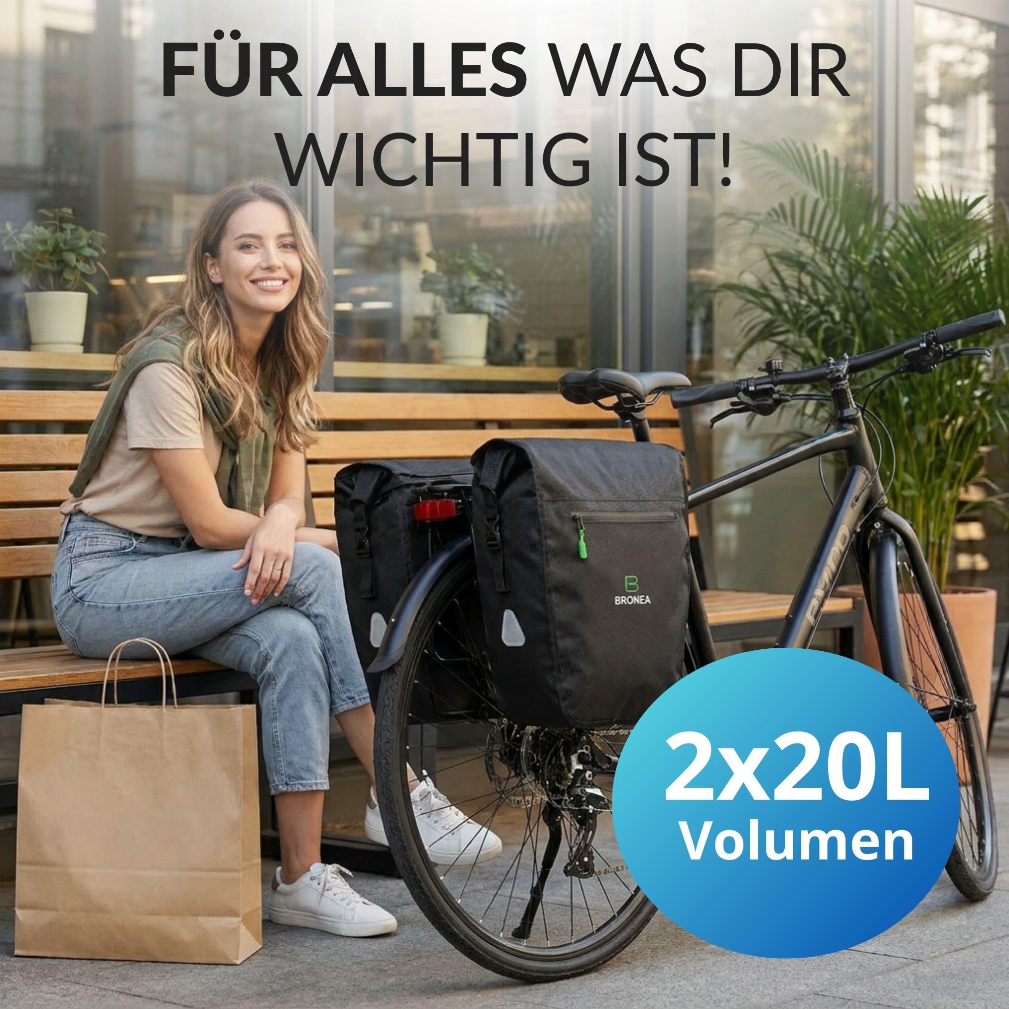 Doppel Fahrradtasche für Gepäckträger hinten, 40L (2x20L) Fahrrad Gepäckträgertasche, 100% Wasserdicht, Reflektierend, Click-System Befestigung, Fahrradtaschen für E-Bike & Fahrrad