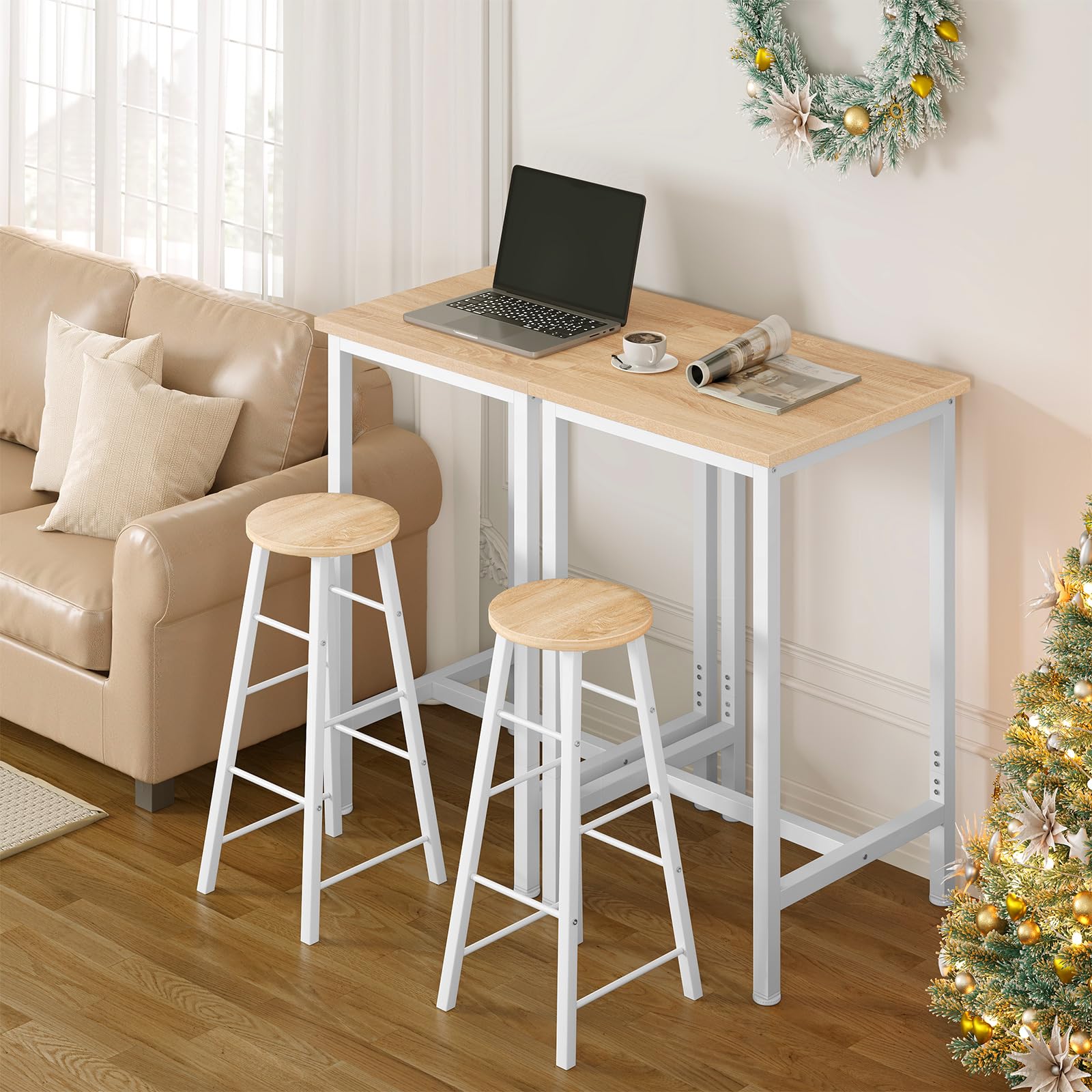 WOLTU Petit Table de Bar 60x100x60 cm, Table Haute en Métal et Bois, Mange Debout pour Cuisine, Salon, Blanc/Chêne Clair