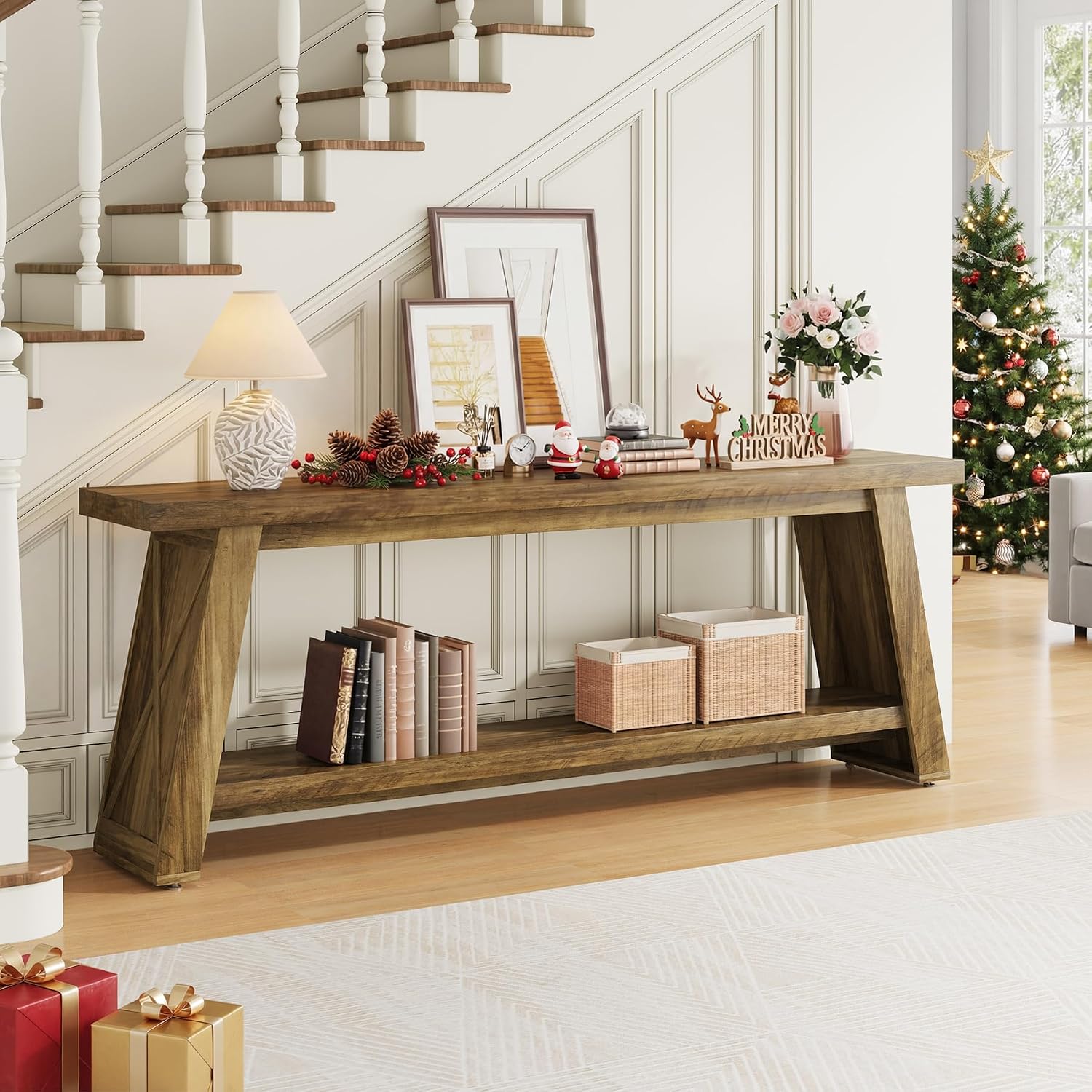 70.9″ Extra Long Entryway Table, Farmhouse Wood Console Table with Storage, 2-Tier Narrow Sofa Table Behind Couch for Living Room, Hallway, Entrance, Foyer, Oak Color