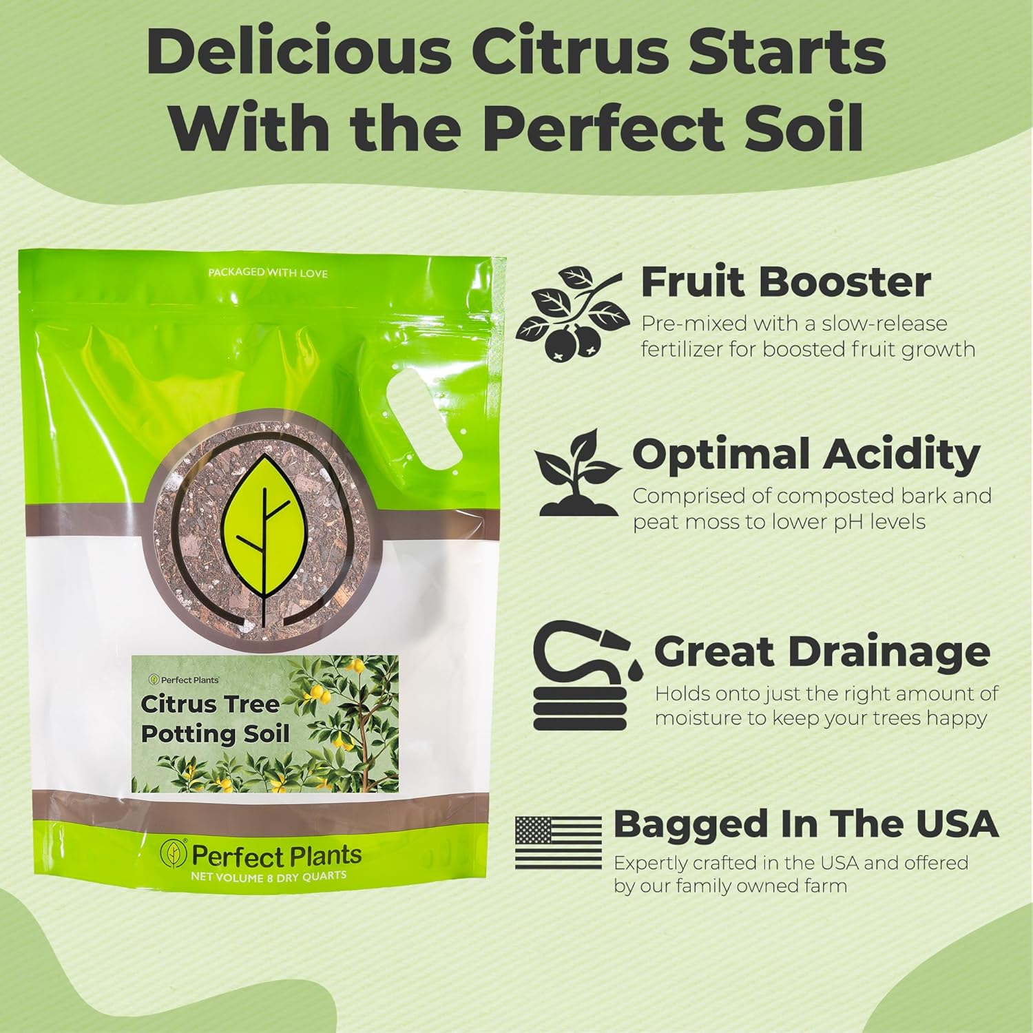Citrus Tree Potting Soil by Perfect Plants | Organic Premium Mix | Use with Lemon Trees, Lime Trees, or Other Citrus Plants (8qt)
