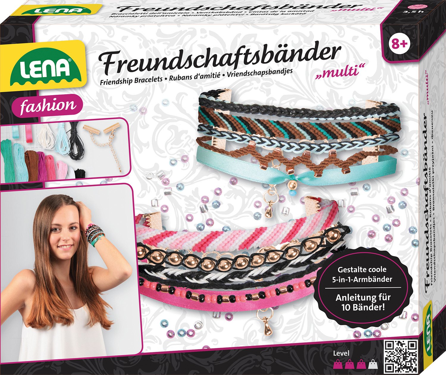 Lena 42116 Craft Multi Friendship, 2 Satin Ribbons, 140 Threading Beads, Knotting Children from 8 Years of Age. Complete Set with Instructions for 10 Bracelets, Multicoloured