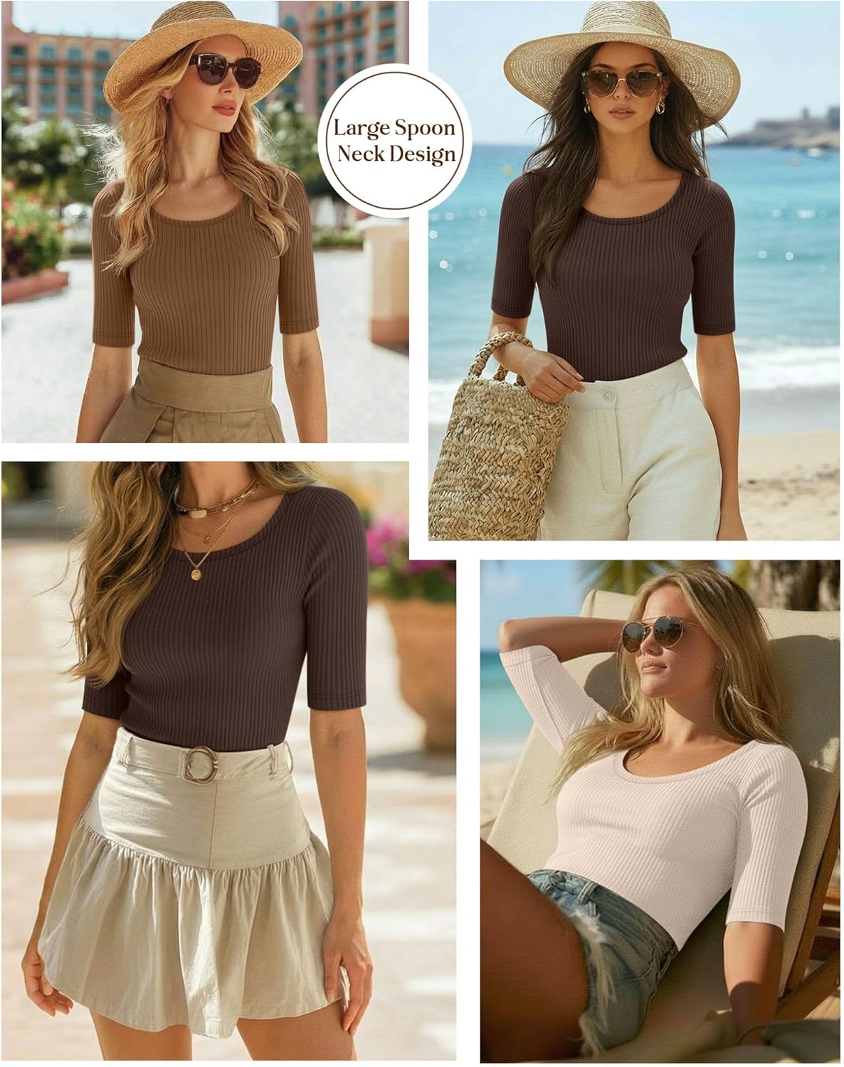 Ficerd 3 Pack Women's Half Sleeve Tops Ribbed Elbow Length Shirts Scoop Neck Slim Fit Summer Basic Tee Trendy Casual Blouses - Image 6