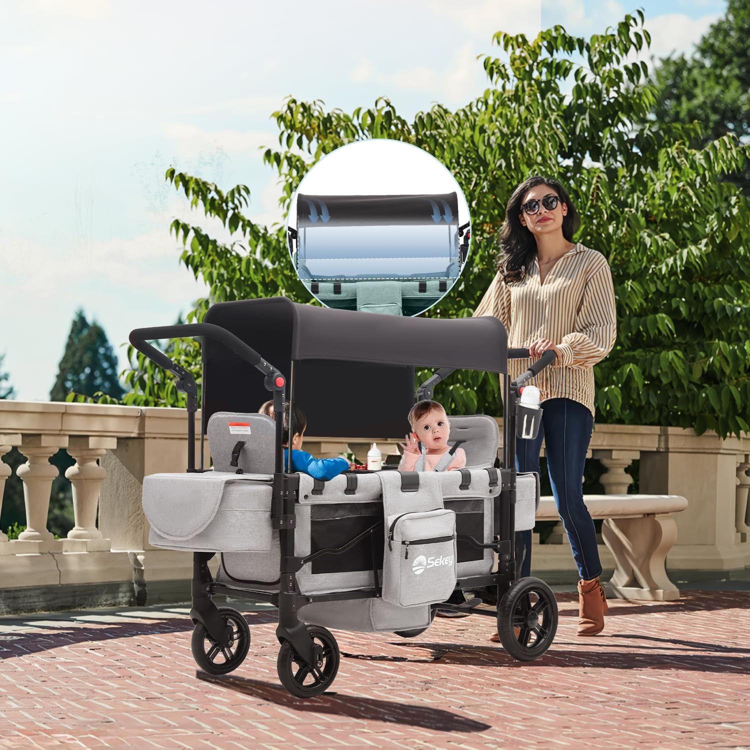 Sekey Bollerwagen Kinder Zwillingsmodus, Bollerwagen Faltbar mit Dach 2 Kinder, Duo Schiebegriff Kinderwagen Doppelsitz mit 2 integrierten 5-Punkt-Gurtsystem, Zwillingskinderwagen (Grau, Premium)