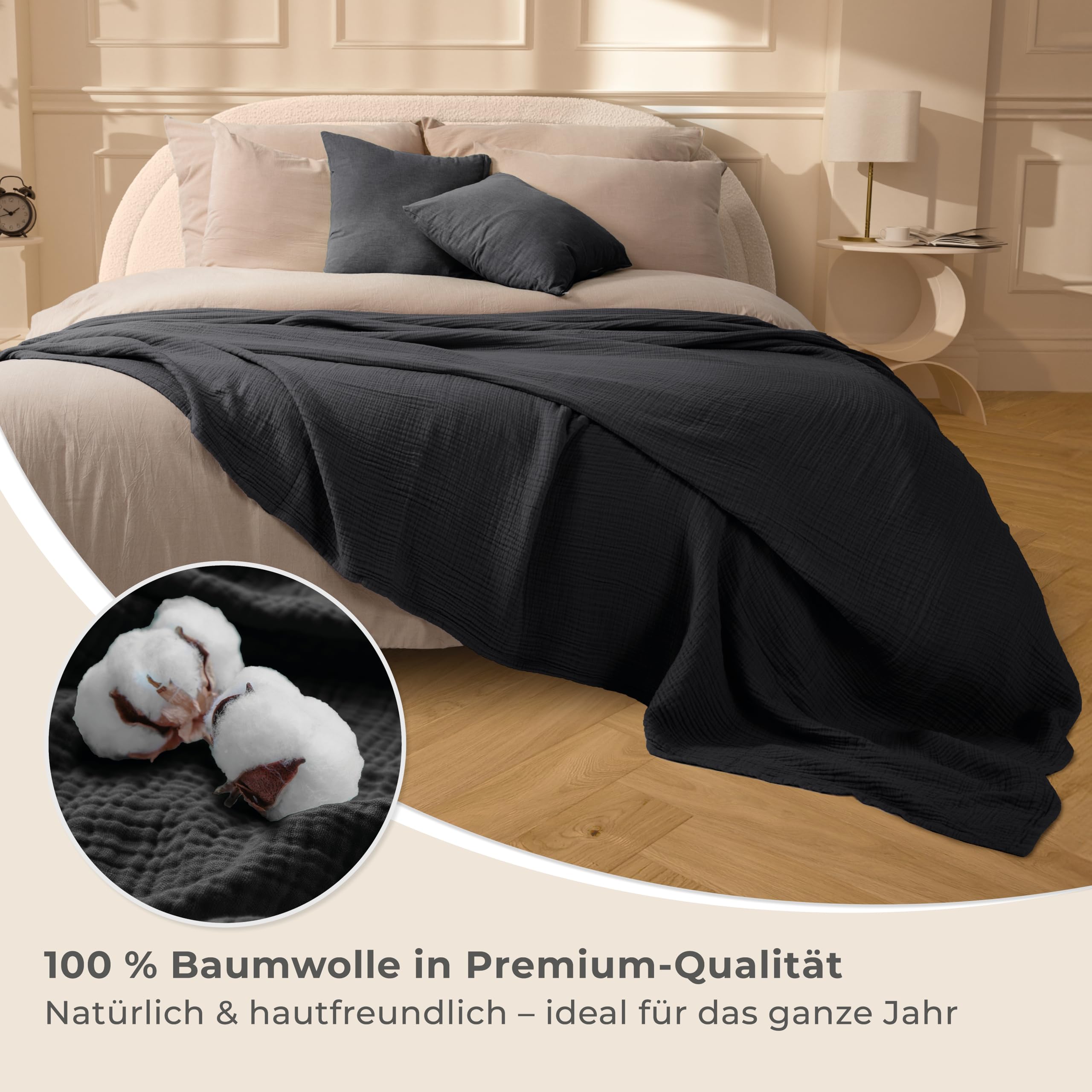 Copriletto In Mussola Di Cotone 180x220cm - Extra Morbido, Per Letto O Divano, Grigio - Foto 2