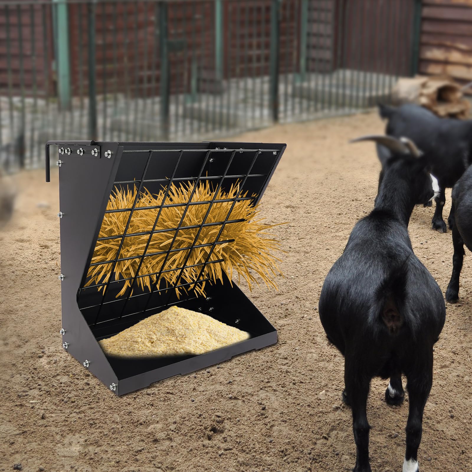 Mangiatoia 2 in 1 per fieno e cereali con spargicchio di mangime e ganci regolabili, da appendere o a parete, mangiatoia in acciaio per pecore, capre e cavalli (nero)