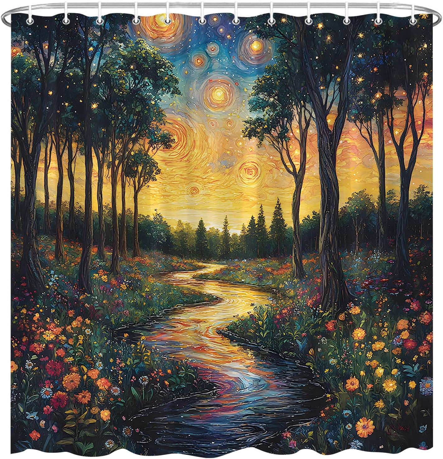 Enchanted Forest Starry Shower Curtain Rustic Fantasy Forest Flower Planet Garden Rural Wonderland Bath Decor Polyester Fabric Curtains 106X70 Inch