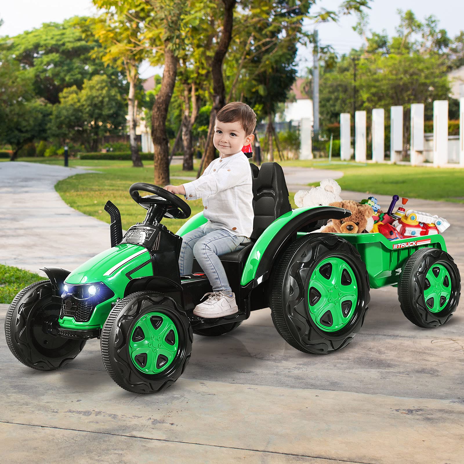 COSTWAY Trattore Elettrico per Bambini con Rimorchio, 2 in 1 Go Kart e Trattore per Bambini 3-8 Anni, con Telecomando e Cintura di Sicurezza a 2 Punti (Verde)