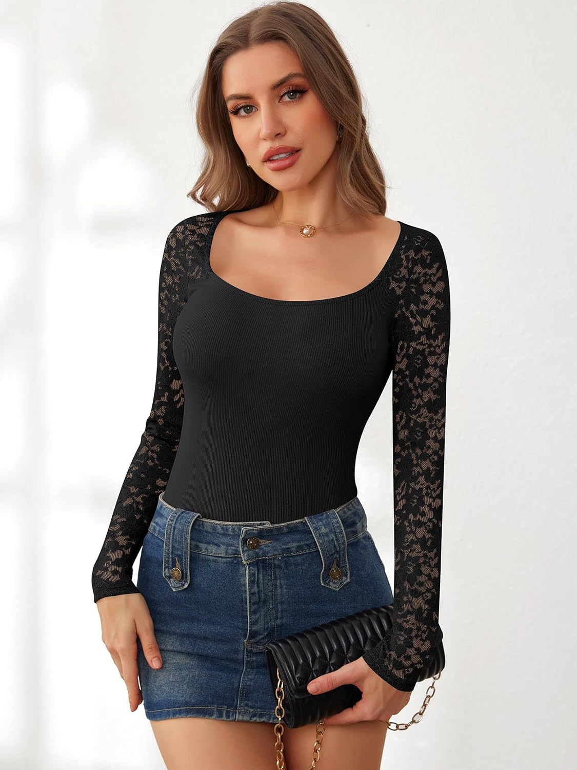 ANRABESS Womens Long Sleeve Shirts Scoop Neck Lace Going Out Tops Slim Fit Rib Knit Casual Blouses 2025 Fall Fashion Outfits - Image 6