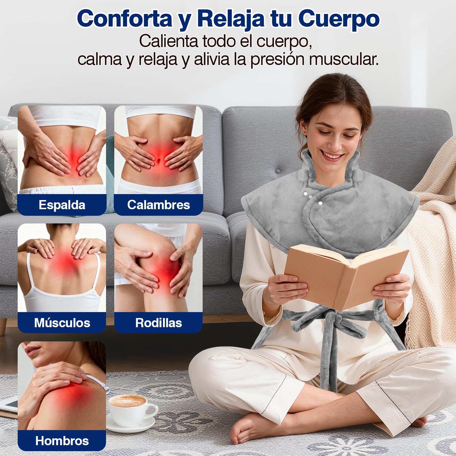 Almohadilla Térmica Eléctrica la Espalda y Cuello 60×100cm, 9 Niveles de Calor, 4 Temporizador, Manta Electrica con Apagado Automático, Calentamiento Rápido, Franela, Lavable Oficina y Hogar