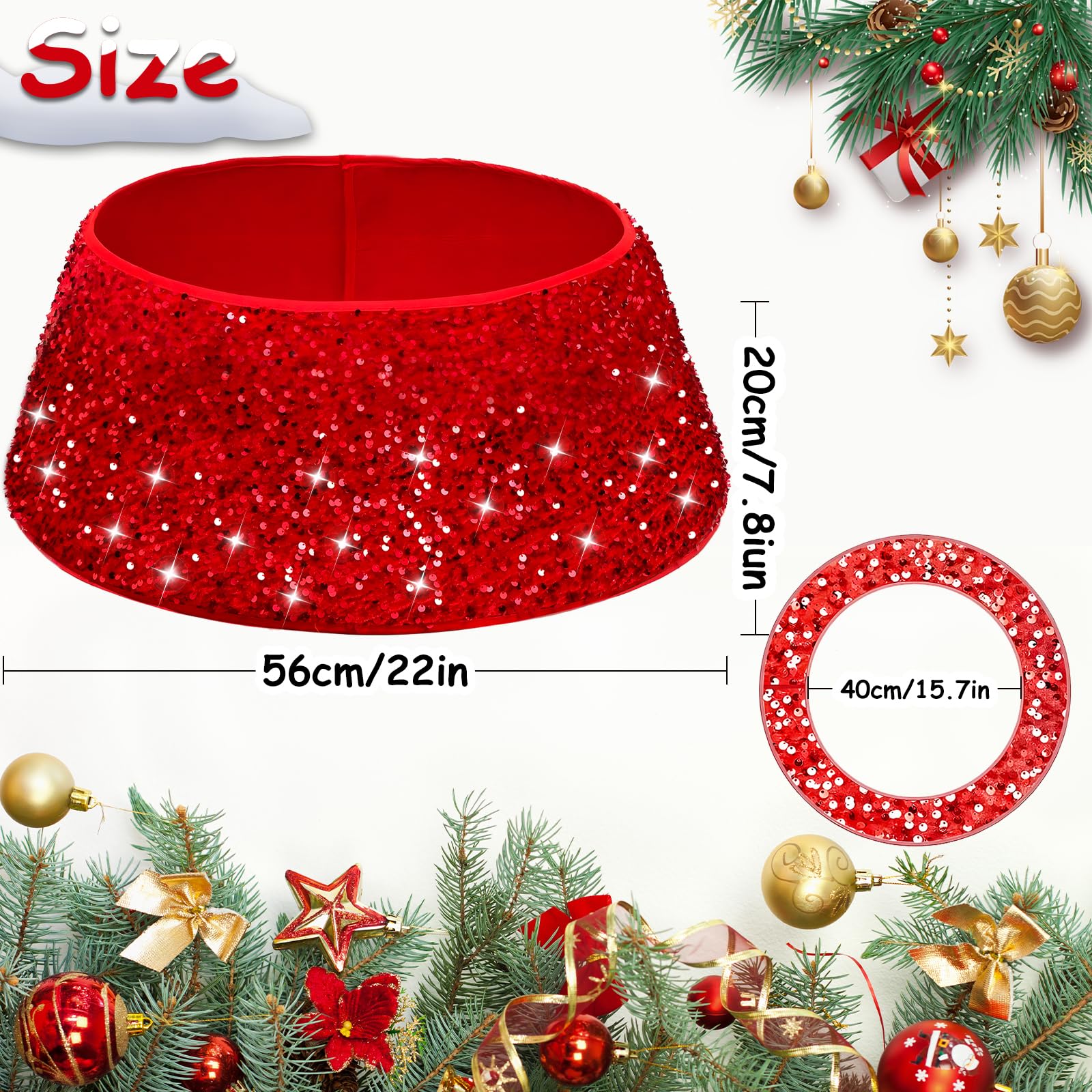 Collare per Albero di Natale, Copri Base Albero di Natale 60x40cm, Gonna per Alberoo di Natalizio Tronco con Paillettes, Christmas Tree Collar-Decorazioni Natalizie Casa (rosso)