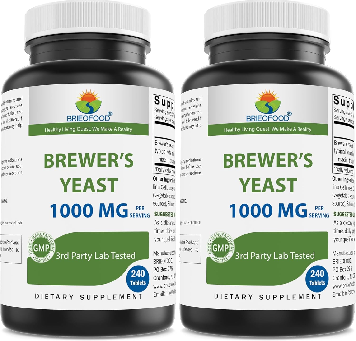 Brieofood Brewers Yeast 1000 mg per Serving - 240 Tablets - 3rd Party Labe Tested for Purity & Quality (Pack of 2)