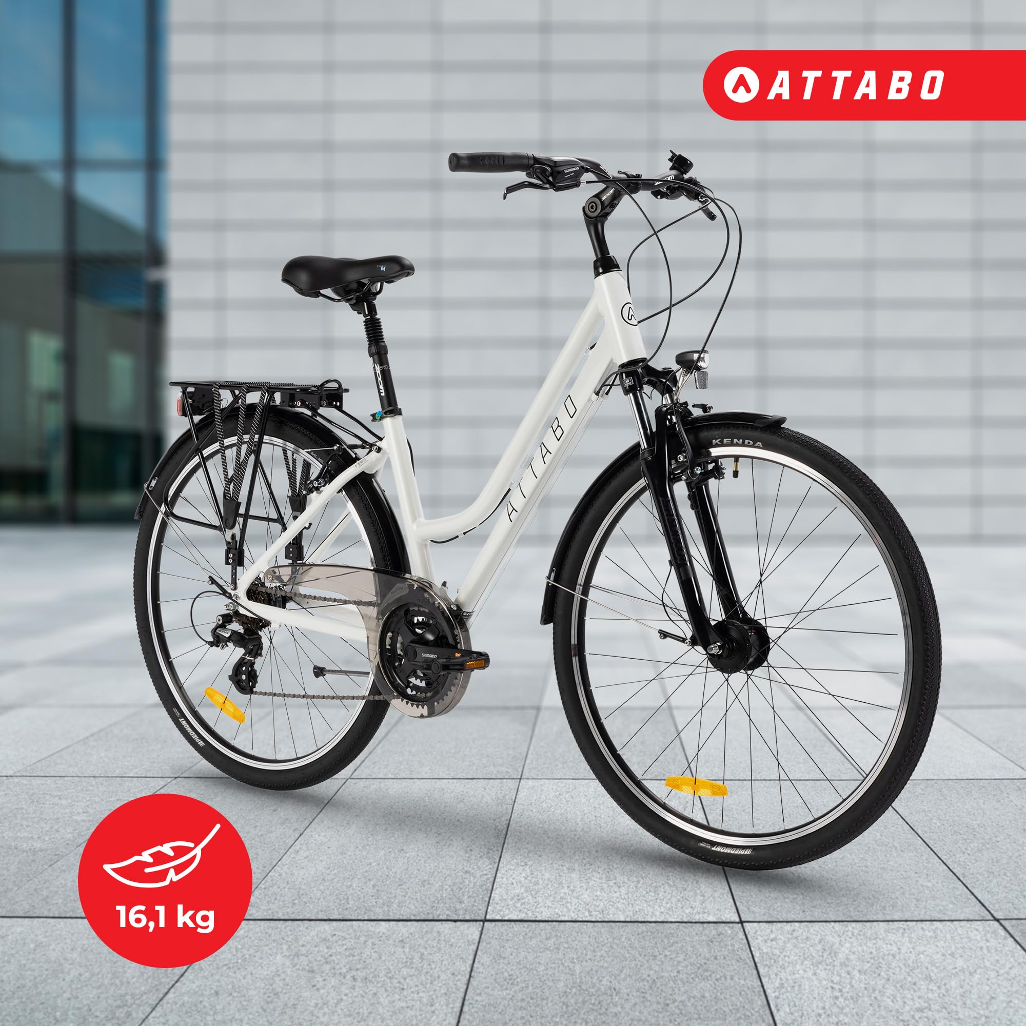 ATTABO Bicicletta da trekking da donna con telaio da 17"|19" Bici Donna con Manubrio ergonomico Bici Trekking con ruote da 28" con portapacchi posteriore Campanello catarifrangenti Bianco|Blu