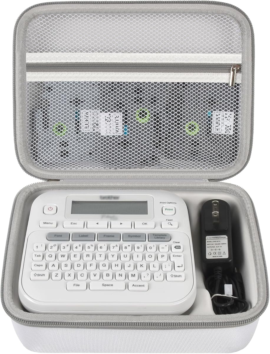 Label Maker Case for Brother P-Touch PT-D220/ PT-D210, Box Only | Fitted Storage for Label Maker and AC Adapter with Zippered Tape Pocket for Office, Classroom and Crafts, White
