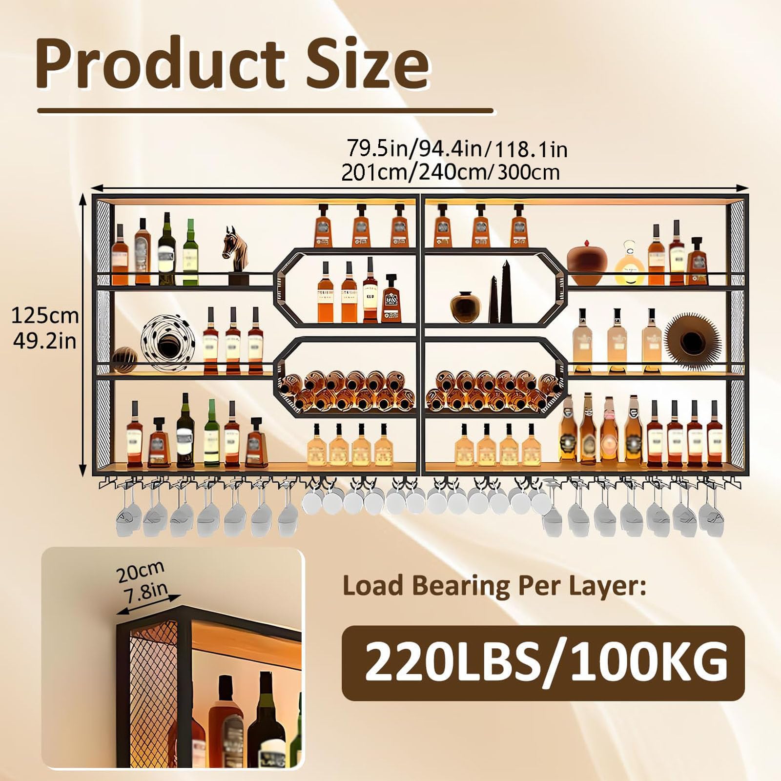 Modernes Wand-Weinregal, 3 Schicht Hängend Bar Regale Aufbewahrung mit Glashalter, Metall Wand montiert Wein Display Rack für Bars Restaurants und Küche (Schwarz, 300cm)