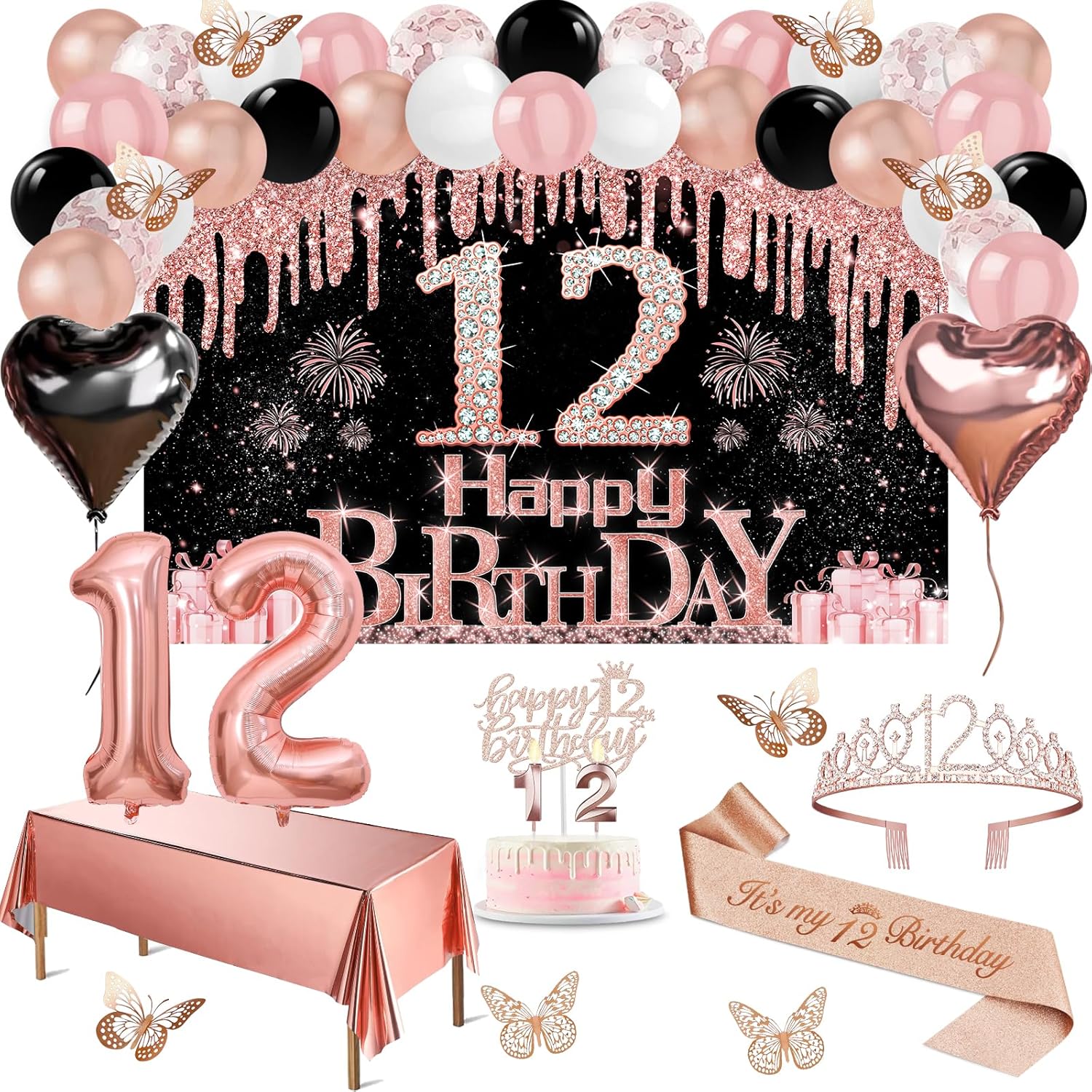 12th Birthday Decorations for Girls, 49pcs Black Rose Gold Black Banner, Tablecloth, Butterfly Decor, 12th Birthday Sash and Tiara, Cake Topper, Candles, Balloons Arch