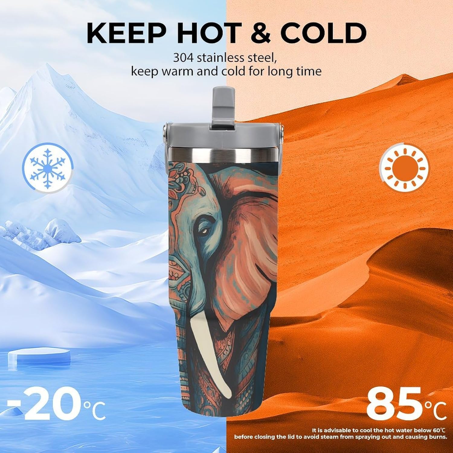 Abstract Elephant Water Bottle 30 Oz Fits Car Cup Holder,Insulated Coffee Mug Large Capacity Car Cups,Stainless Steel Double Wall Sport Bottle for Travel Sports Gym