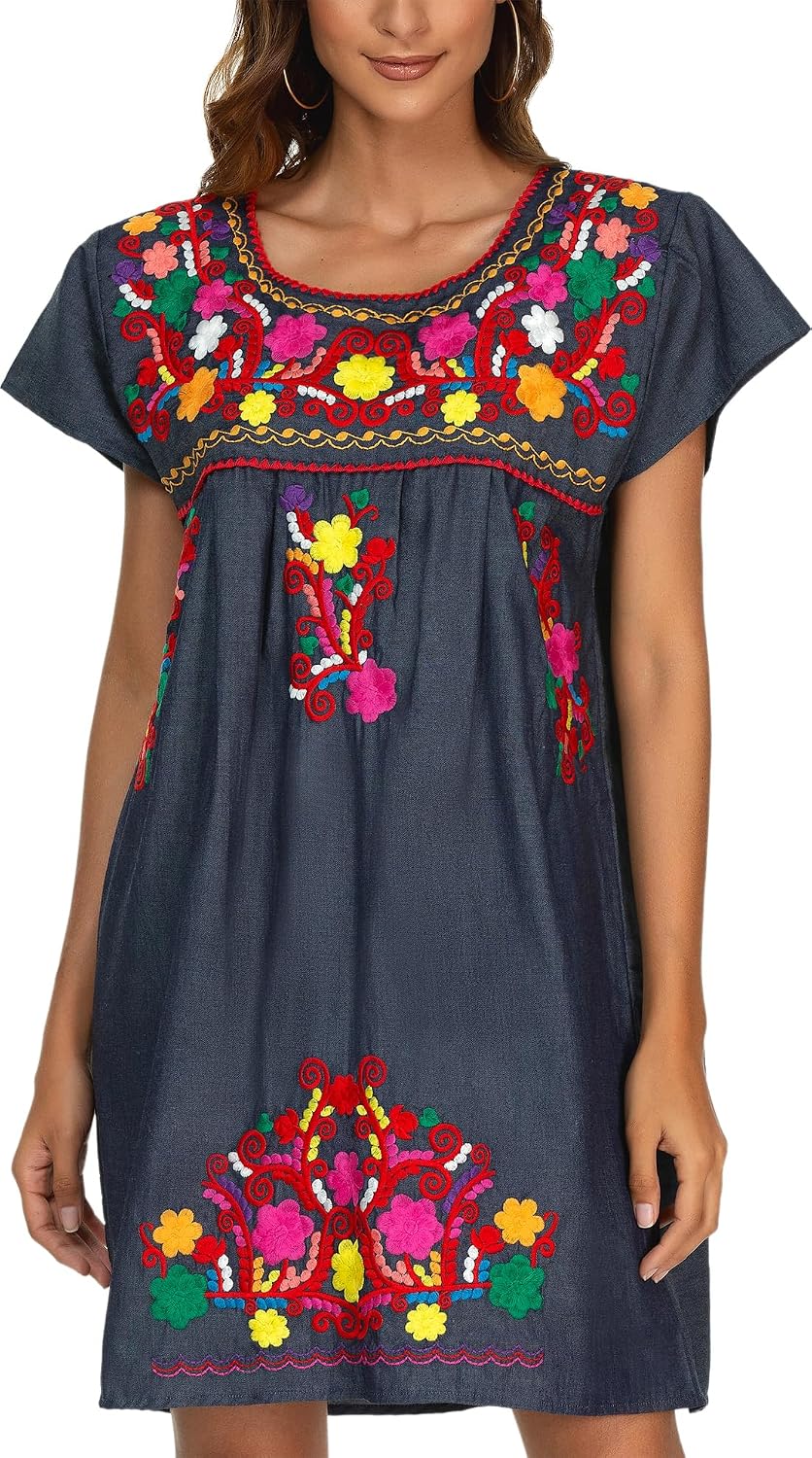 YZXDORWJ Women Mexican Embroidered Dress Short Sleeve