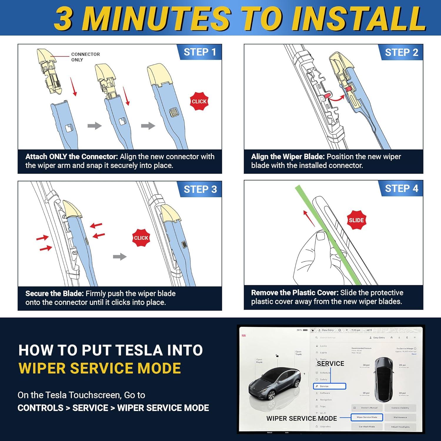 Patented OEM Carbon Fiber Windshield Wipers 26"+19" | Tesla Model Y 2020-2025 | Model 3 2017-2025 | Front Automotive Replacement Windshield Wiper Blades for my Car | 2 Pack | Top Lock