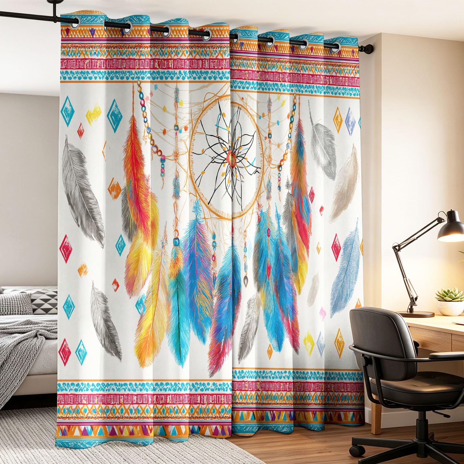 Generisch Boho Verträumt Vorhänge Traumfänger Feder Vorhang Blickdicht mit Ösen, Verdunkelungsvorhang Gardinen für Schlafzimmer Wohnzimmer Fenster Deko, 2er Set H160 x B140 cm