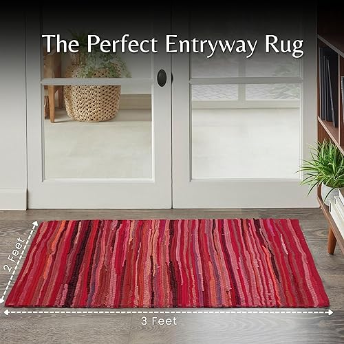 Miniatura 89 de Alfombra de trapo 100% algodón de 2 x 3 pies, lavable multicolor, alfombra Chindi tejida a mano y reversible para sala de estar, cocina, entrada