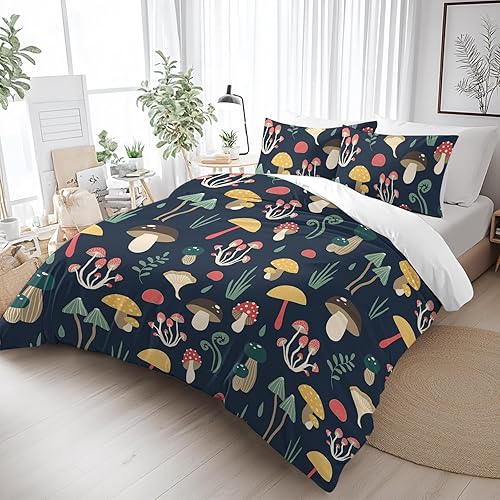 Miniatura 9 de Juego de funda de edredón de hongos, tamaño Queen, neón, ultrasuave, negro, morado, verde, para mujer, diseño de hongos mágicos, decoración de