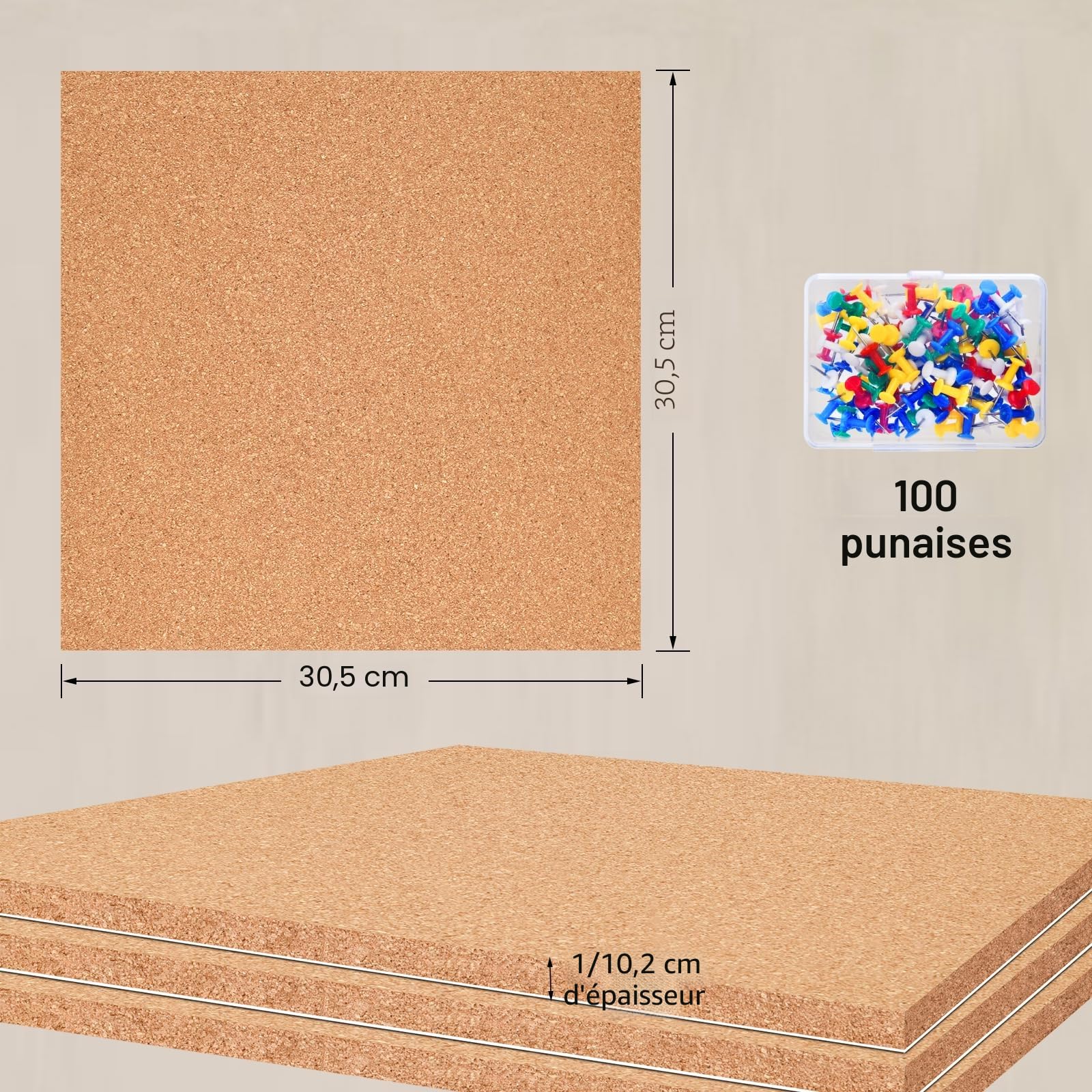 Lot de 6 tableaux en liège carrés autocollants pour mur avec 100 punaises pour tableaux d'affichage en liège, mur en liège pour la maison, l'école ou le bureau - Décoratif (30,5 cm x 30,5 cm x