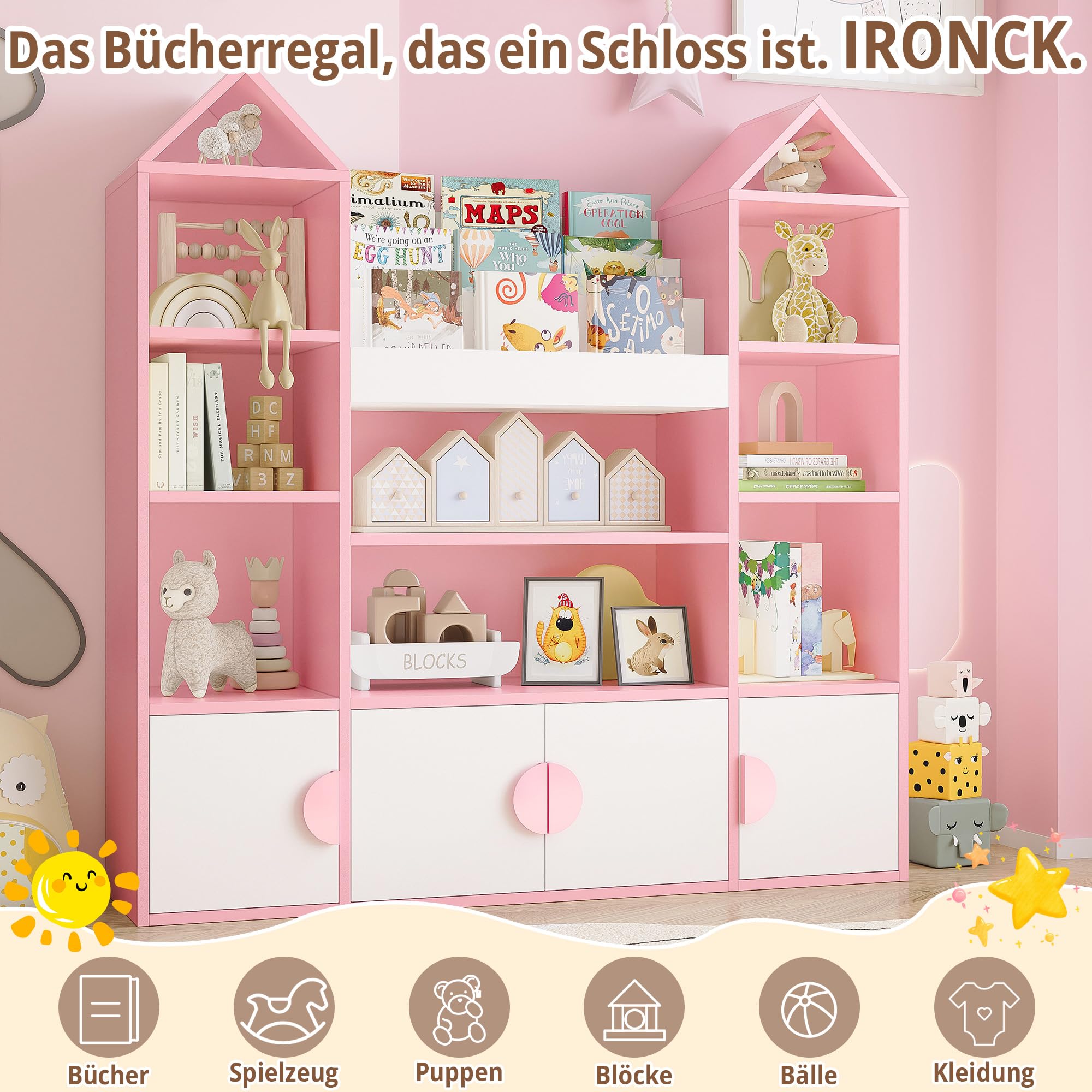 IRONCK Kinderregal, Bücherregal Kinder mit 4 Türen, Spielzeugregal Holz, Burgendesign Aufbewahrungsschrank, Spielzeugschrank, Kinderzimmer Möbel, 10 offene Regalböden, 123.5x33x127cm (Rosa)
