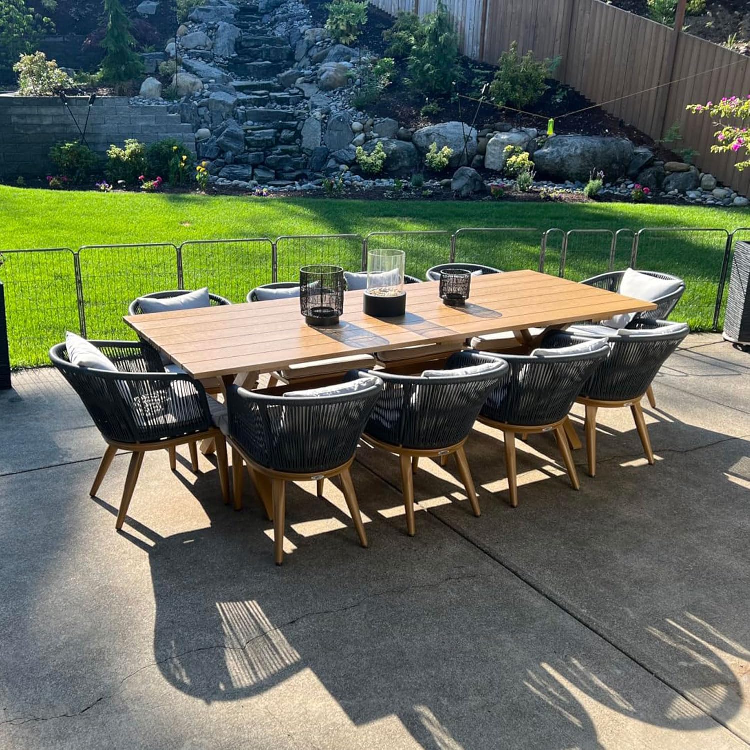 11 Pieces Patio Dining Set Wicker Outdoor Furniture Rectangular Table and Chairs Set for Garden Deck Teak-Finish Aluminum Frame Backyard Kitchen Set, Cushions and Pillows Included