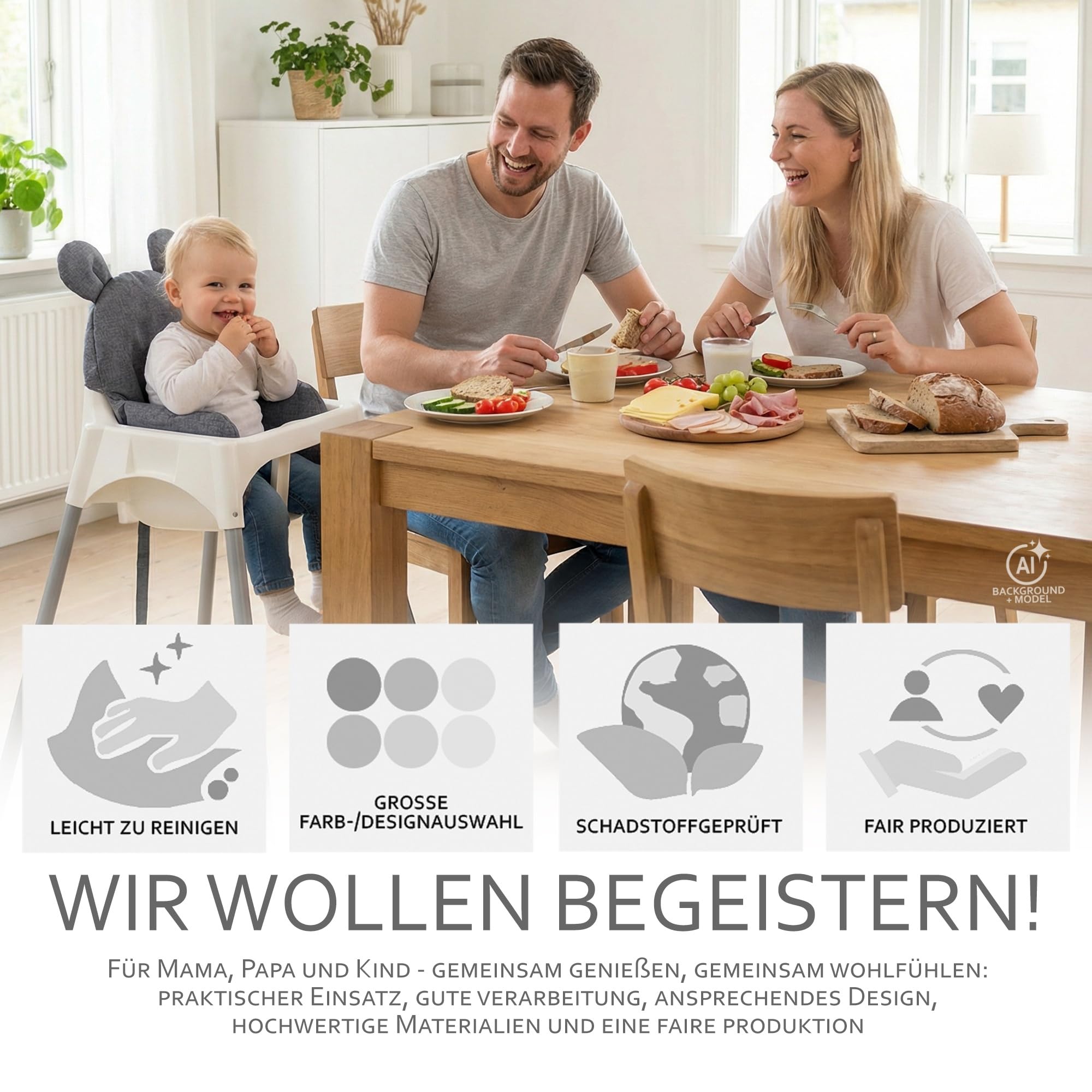Sitzbezug für Ikea Antilop Hochstuhl, Dunkelgrau meliert Teddy | Sitzverkleinerer, Kissen, extra weich, waschbar, langlebig