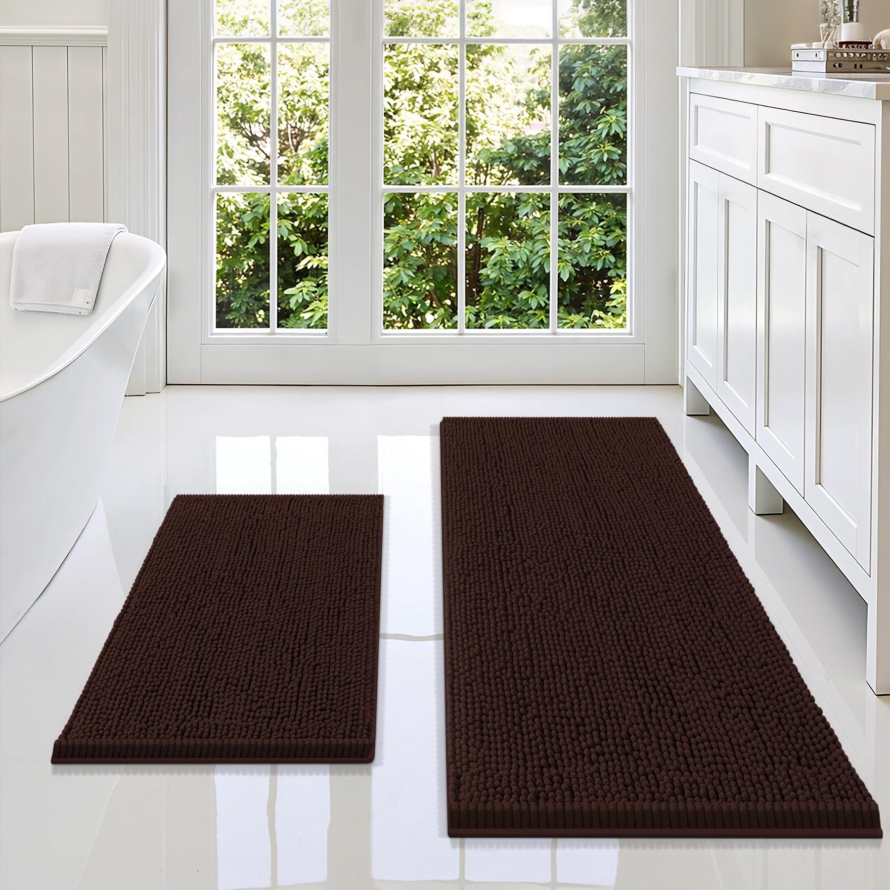 Smiry Chenille Bathroom Rugs Sets 2 Piece (47x17+24x16, Brown)