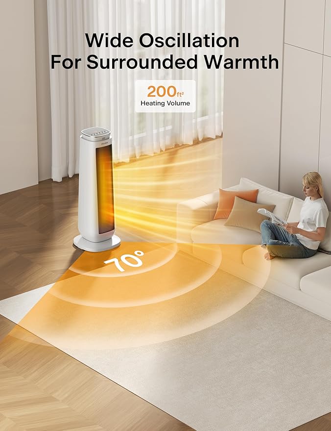 PELONIS 23” Oscillating Ceramic Tower Space Heater with Remote & Thermostat, Electric Energy Efficient Floor Heater for Indoor Use Large Room Safe with Timer, ECO Mode, 1500W, White