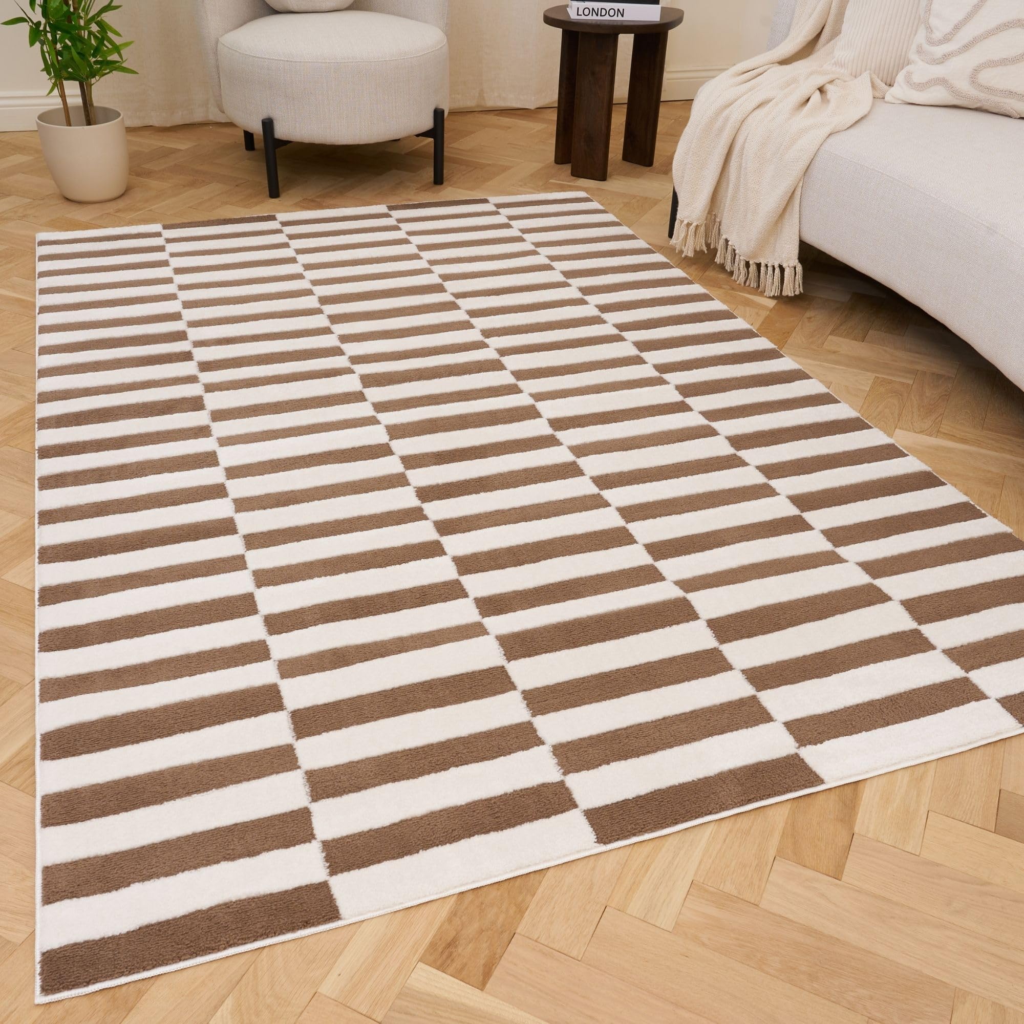 The Rugs Unisex Taupe Loft Striped Living Room Area Rug And Runners Soft Pile In 120Cm X 170Cm Kids