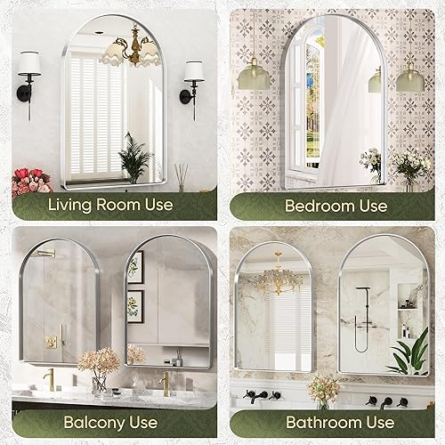 Miniatura 7 de Espejo de baño, espejo de pared de 24 x 36 pulgadas para baño, espejos arqueados, marco de metal cepillado, espejo de baño plateado para sala de