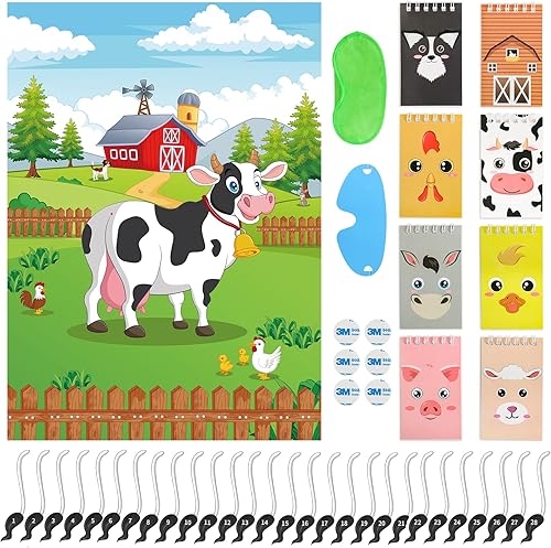 Recuerdos de fiesta de granja, pin the tail on the Cow y mini cuadernos de granja para niños, suministros de fiesta de cumpleaños de granja,