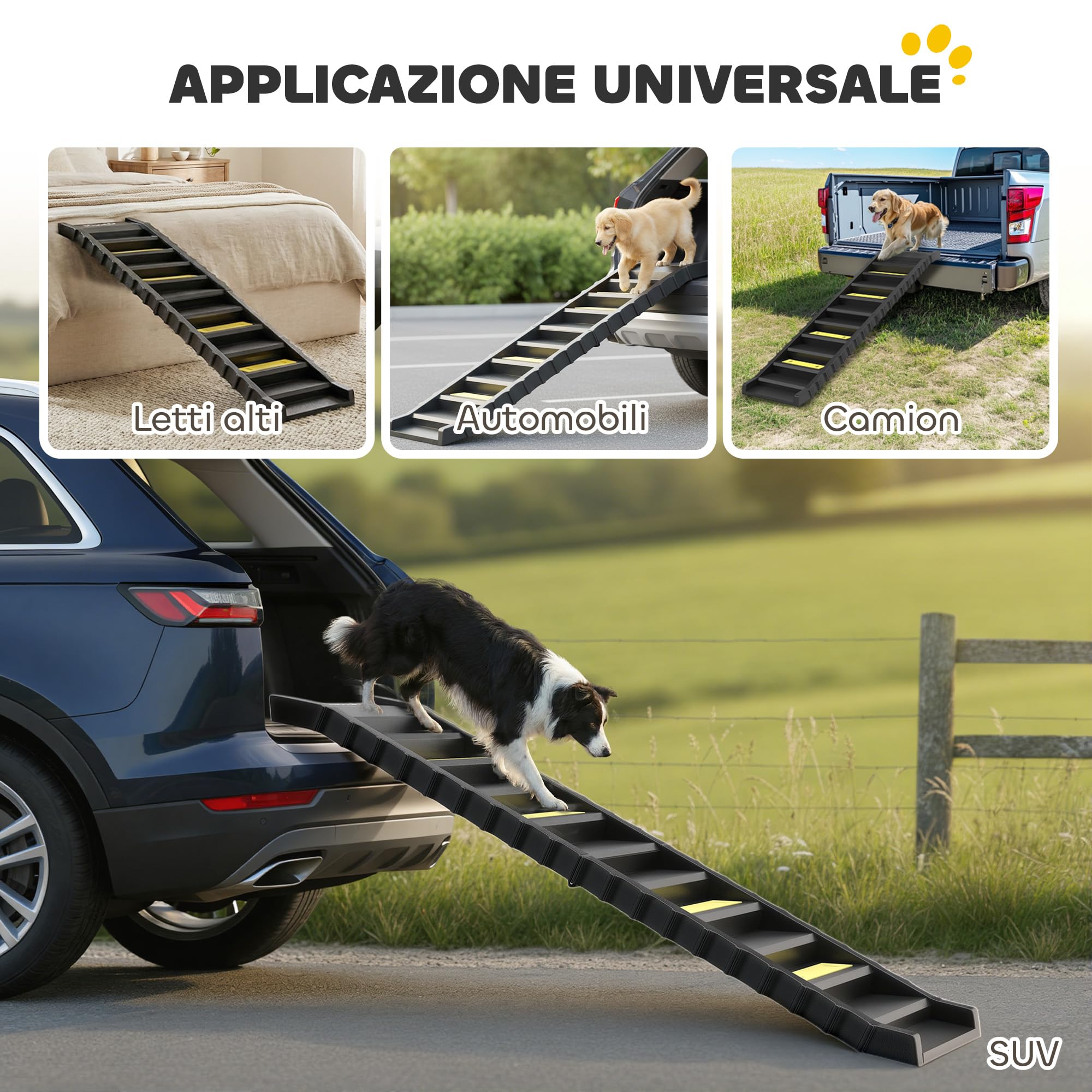 PawHut Rampa Pieghevole per Cani per Auto e Letti Alti, Scala per Cani Portatile a 10 Gradini con Strisce e Piedini Antiscivolo, Leggera, Supporta Fino a 68 kg, Nero