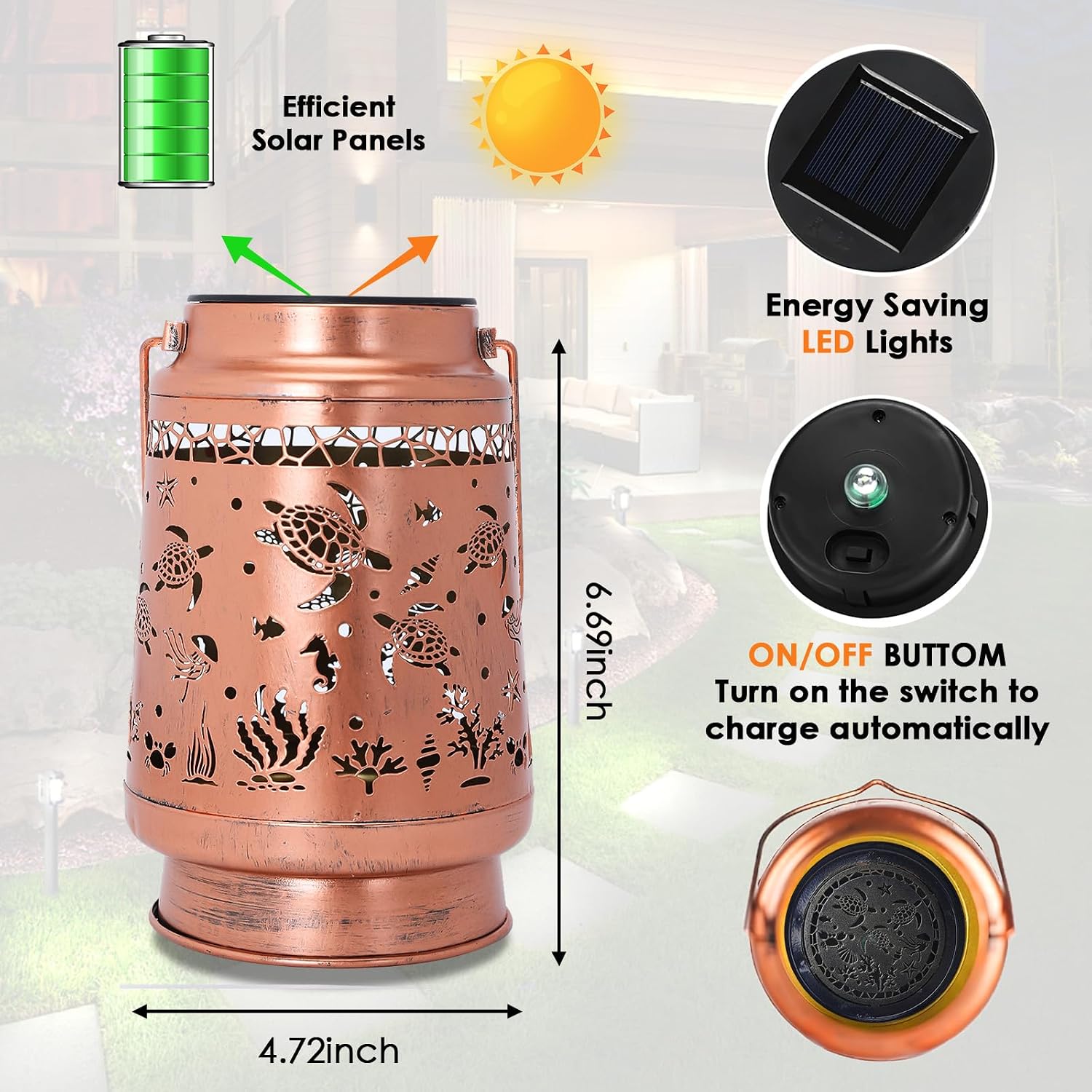 Turtle Gifts for Women Mom, Sea Turtle Solar Lantern Outdoor, Metal Hanging Garden Decor Light for Patio Yard Porch, Waterproof Solar Light Auto On/Off image 4
