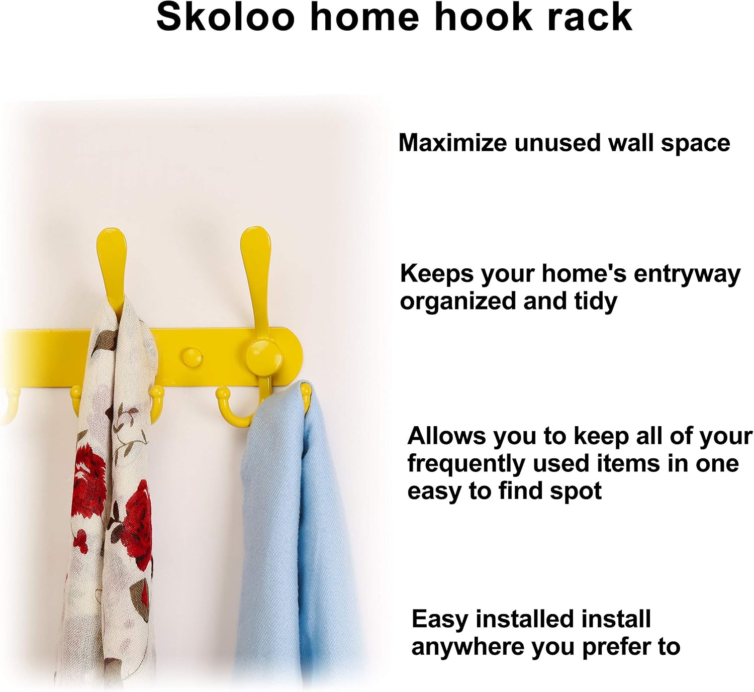 SKOLOO Wall Mounted Coat Rack Hook-Pack of 2, 5 Tri Hooks - Heavy Duty Stainless Steel Coat Hooks for Hanging, Coat Hanger Wall Mount, Yellow Hook Rack