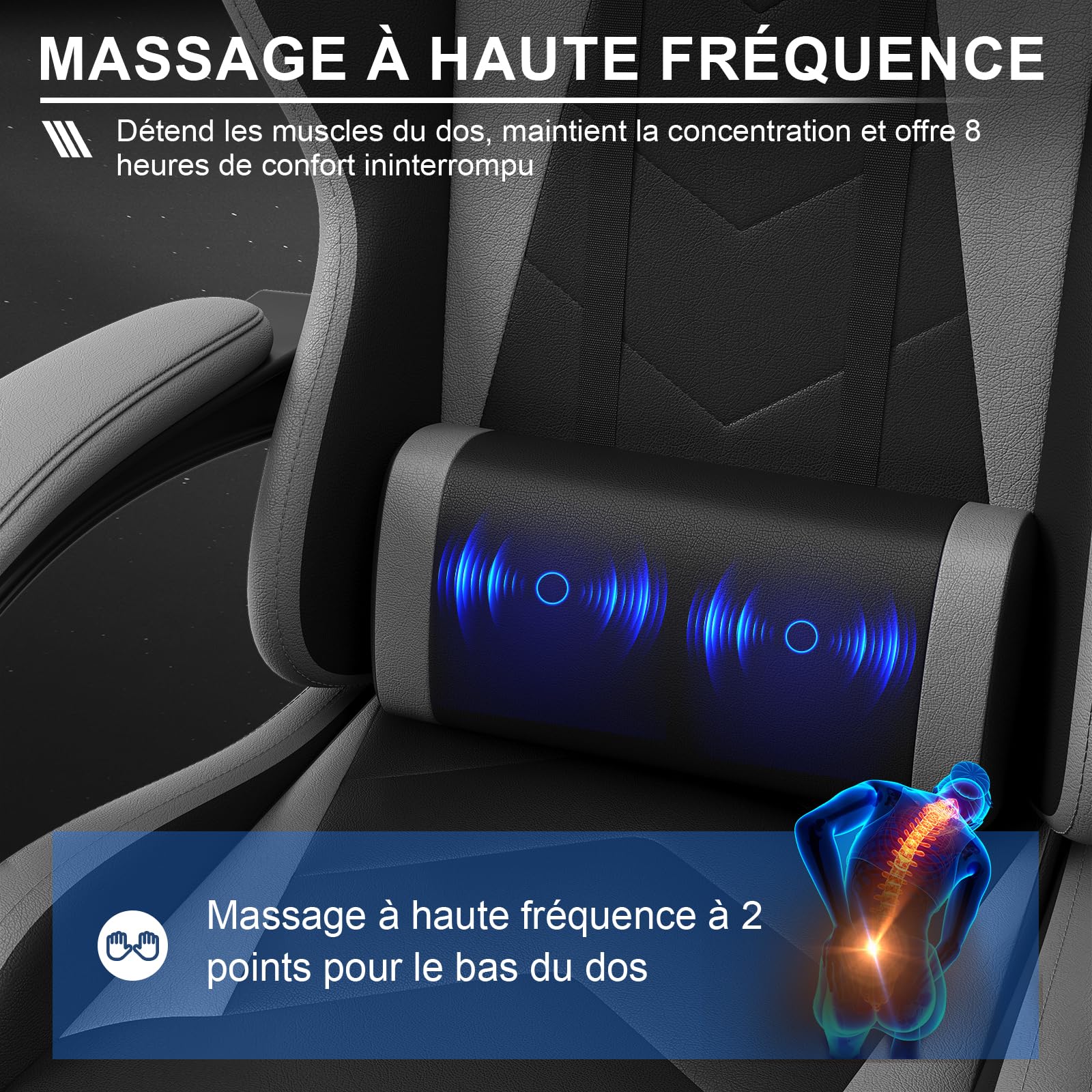 JUMMICO Chaise Gaming avec Coussin de Massage, Fauteuil Gaming Ergonomique avec Coussin Lombaire Massant, Chaise Bureau Gaming avec Dossier Réglable de 90 à 150° et Repose-Pieds, 150 kg, Noir