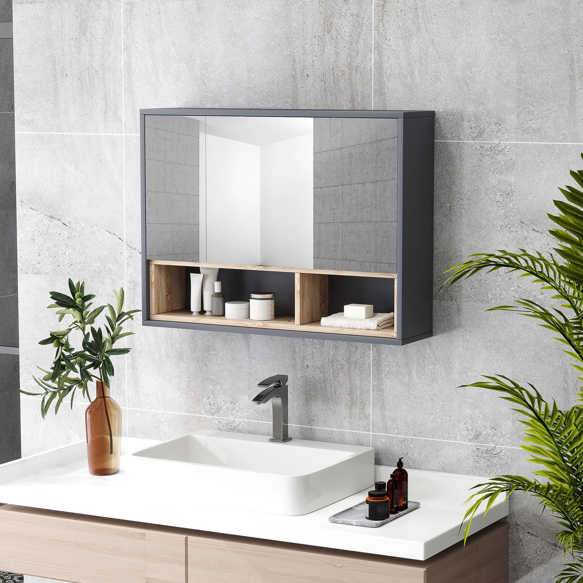 HOMCOM Szafka ścienna, szafka łazienkowa z lustrem wisząca, lustro łazienkowe ze schowkiem, 3-drzwiowe szafy i 8 przegródek, Słońce. 80L x 20 l x 60H cm, szary