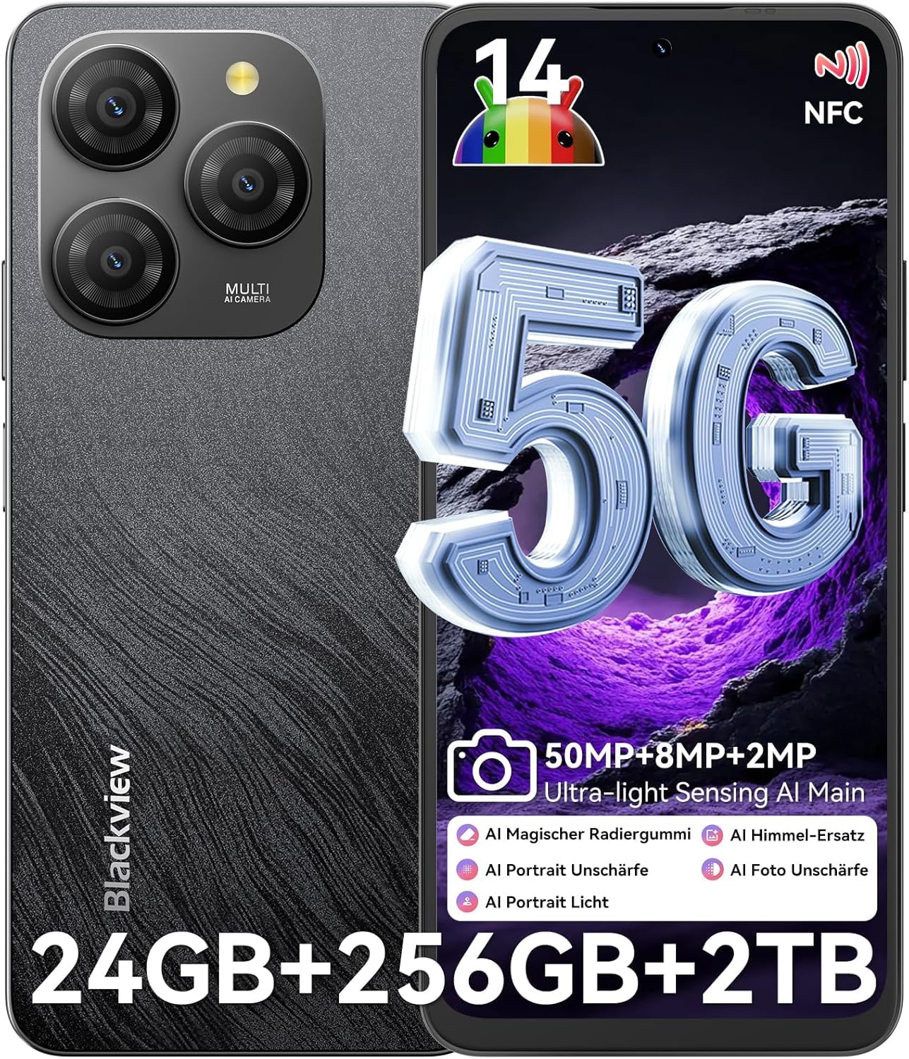 Blackview Shark 9 8GB/256GB NFC ブラック Smartphone, Blakcview Shark 9 5G Android Phone, Android 14