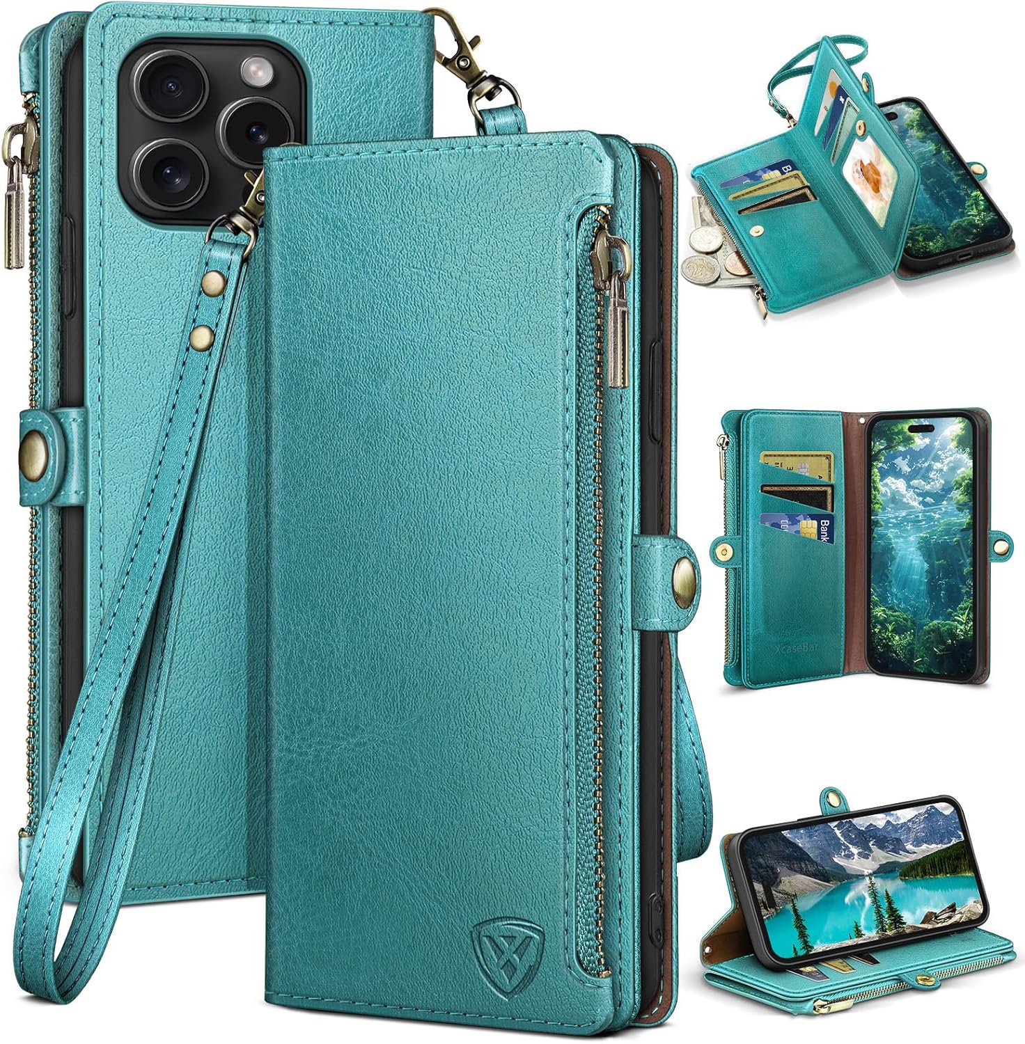XcaseBar for iPhone 15 Pro 6.1" Wallet case with Zipper Credit Card Holder RFID Blocking,Flip Folio Book PU Leather Shockproof Strap Protective Cover Women Men for Apple 15Pro Phone case Blue Green