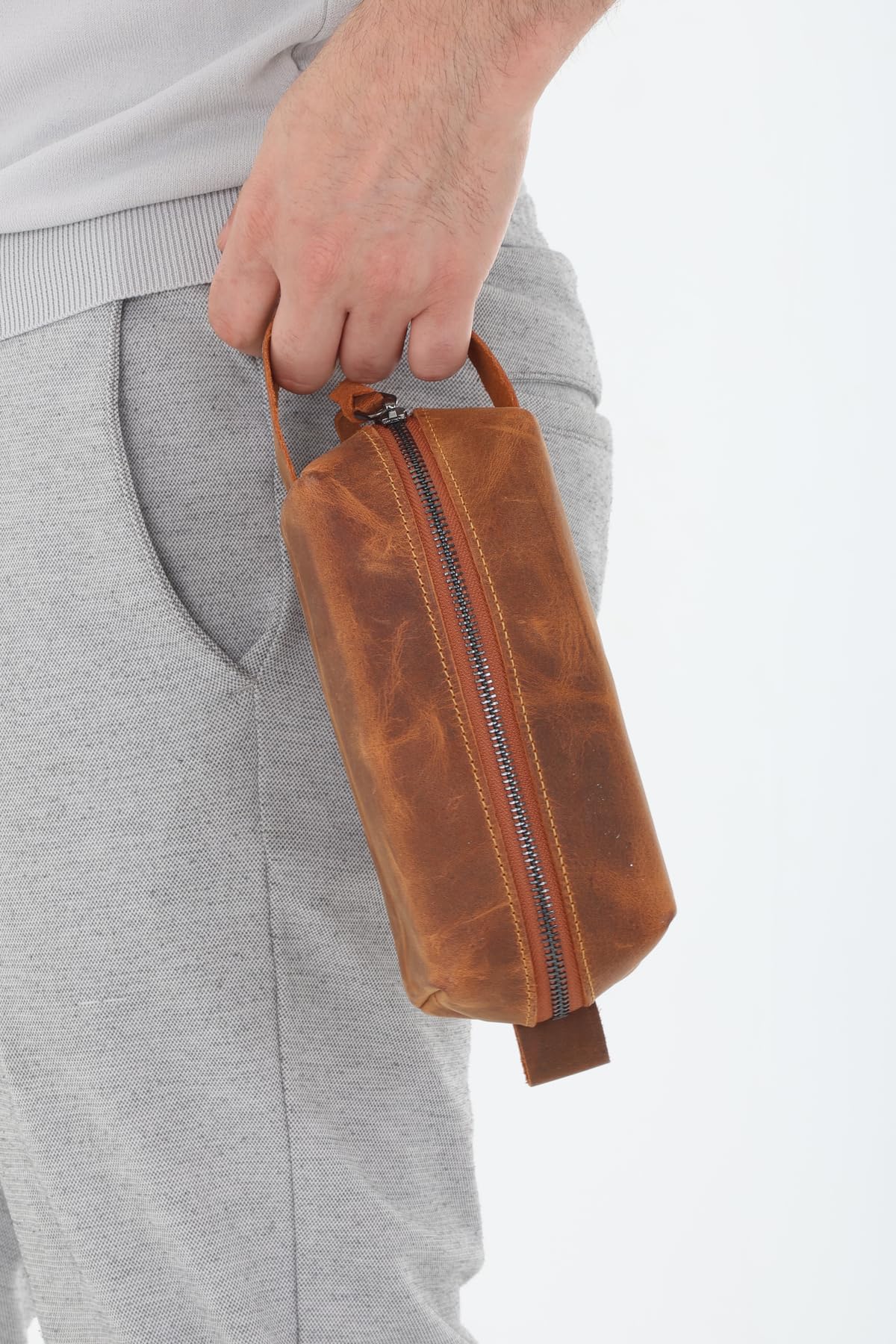 Erzeno Erkek Hakiki Deri Portföy Clutch Traş Bakım Kozmetik Çantası ve Günlük El Çantası Dopp Kit Taba
