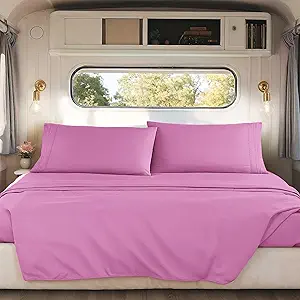 Nestl Light Pink Short Queen Sheets for RV, Hotel Luxury RV Queen Sheets Set, 4 Piece Fitted Bed Sheet Set and Pillowcases, Super Soft, Wrinkle-Free, and Breathable Camper Bedding