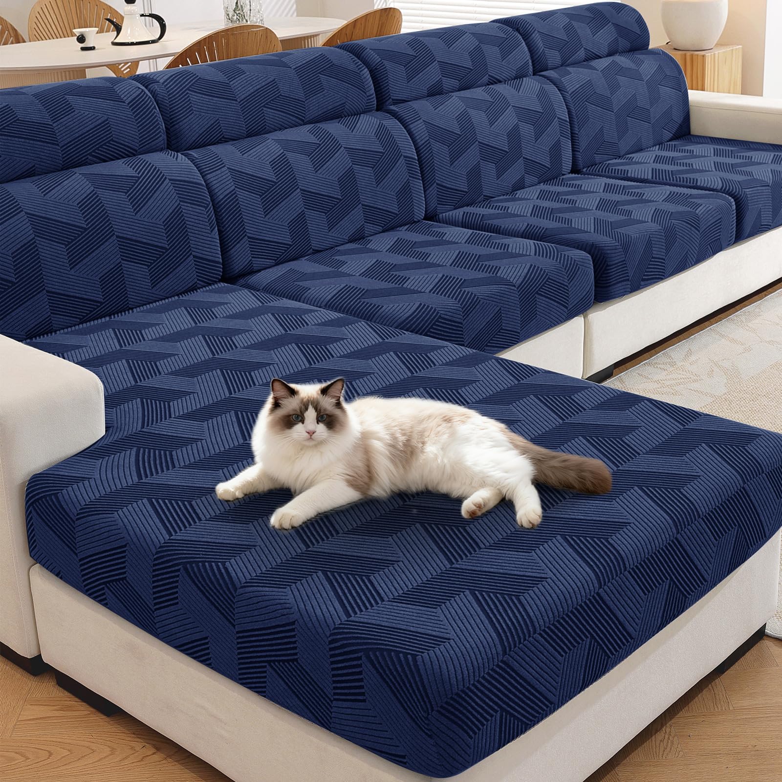 XINEAGE Sofa Seat Cushion Cover, Geometrical Jacquard Couch Cushion Slipcovers Stretch, Replacement for Individual Cushion with Elastic Bottom & Non-Slip Strap (1 Seater, Navy Blue)