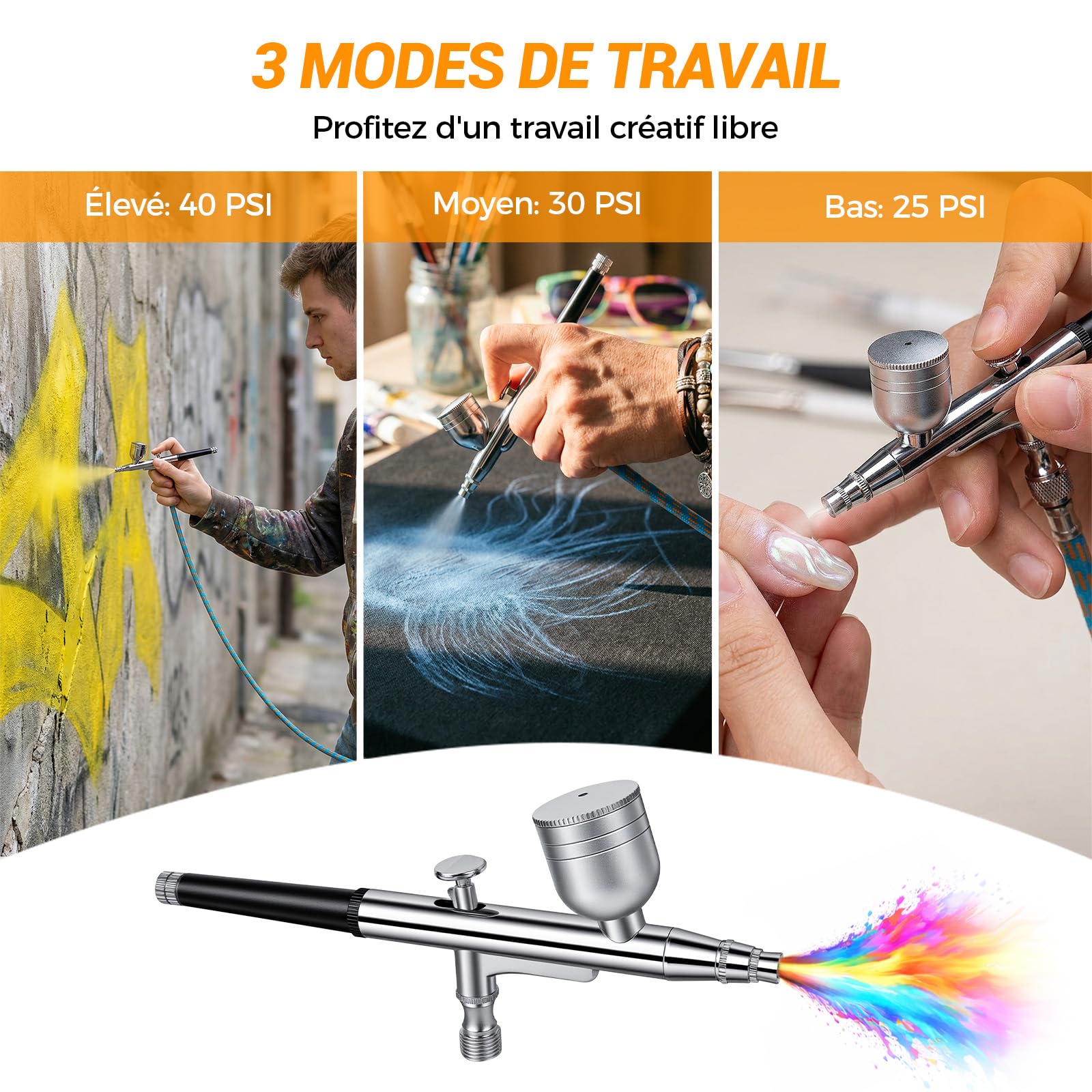 Kit Aérographe Compresseur 40 PSI Double Action avec 3 Tailles de Buses (0,2/0,3/0,5 mm), 3 Aiguilles, Capuchons de Buse, Kit de Nettoyage et Pipette pour Modélisme, Maquillage, Peinture de Voiture